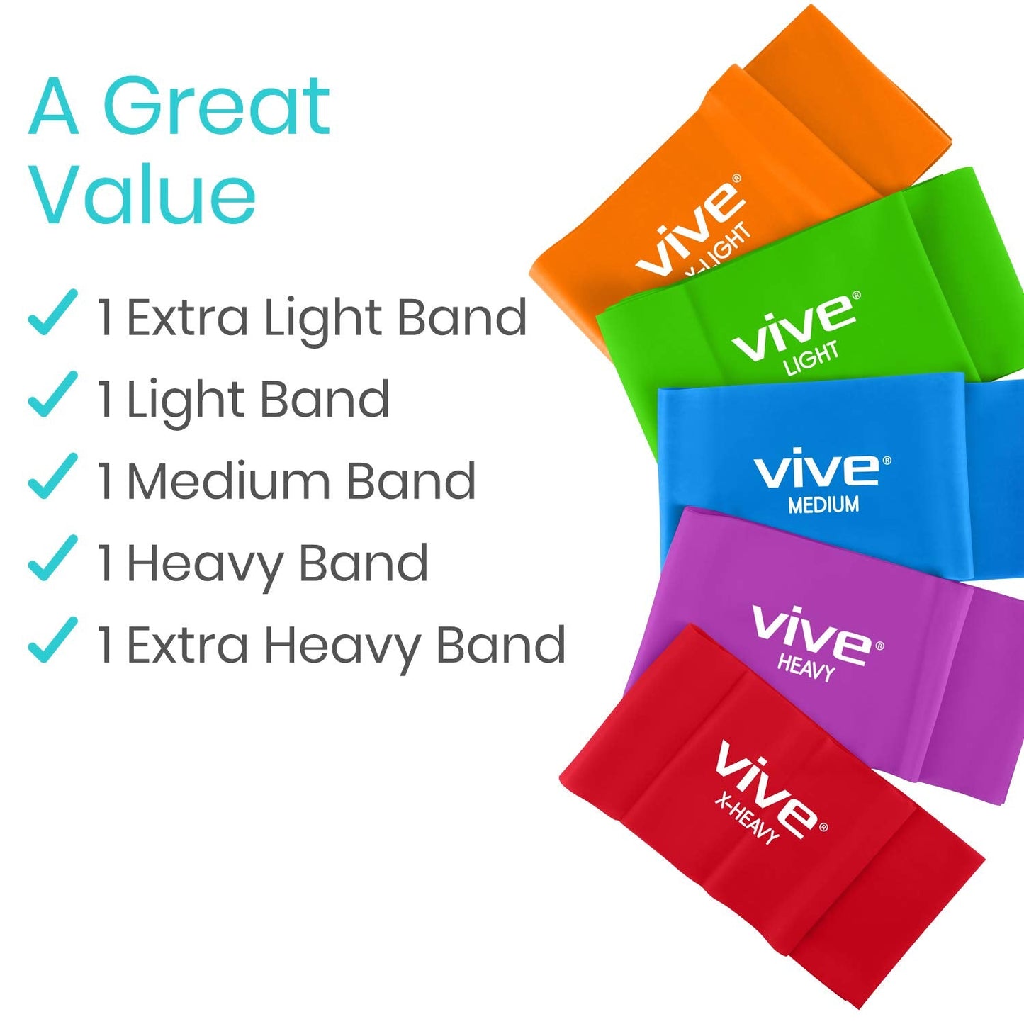 Vive Resistance Bands for Working Out (5 Pack) - Exercise & Workout Resistance Kit - Stretch, Elastic Loop Bands for Physical Therapy, Pilates, Yoga & Gym, for Men & Women (Flat)
