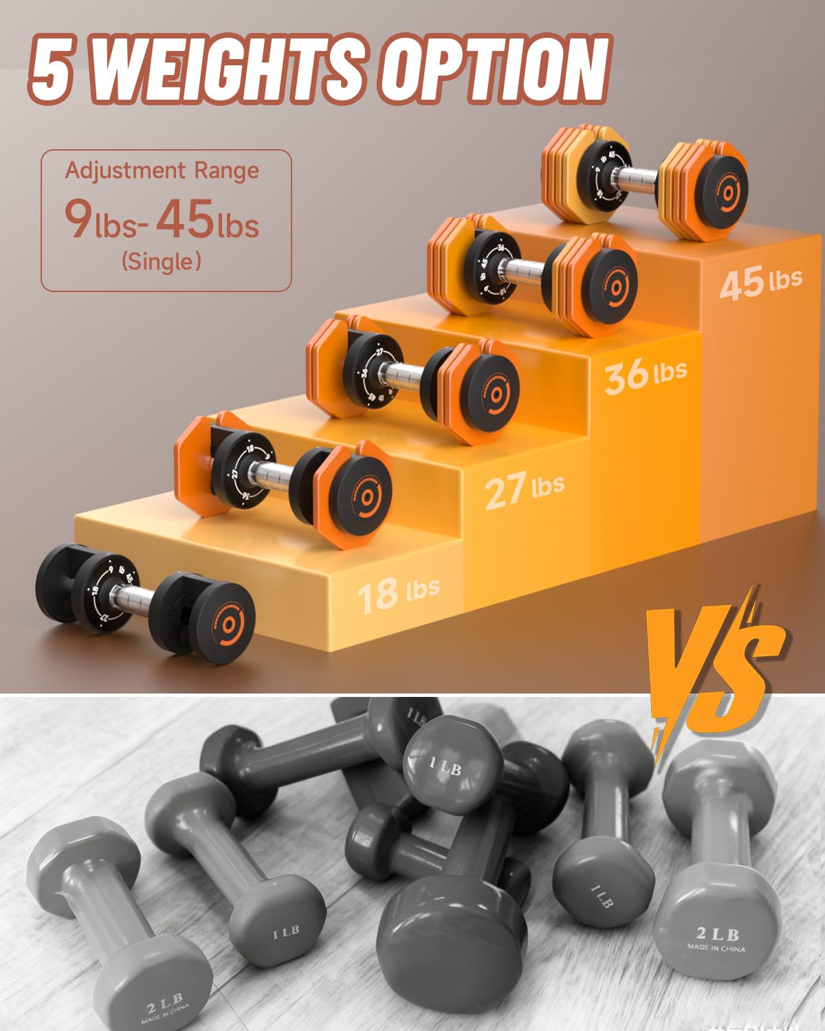 Adjustable Dumbbells Set 45LB Single, 1-Sec Fast Adjustable 5 Weights by Turning Handle, Premium Comfort Non-slip Metal Dumbbells with Tray, Compact Size for Full Body Home Workout (Orange)