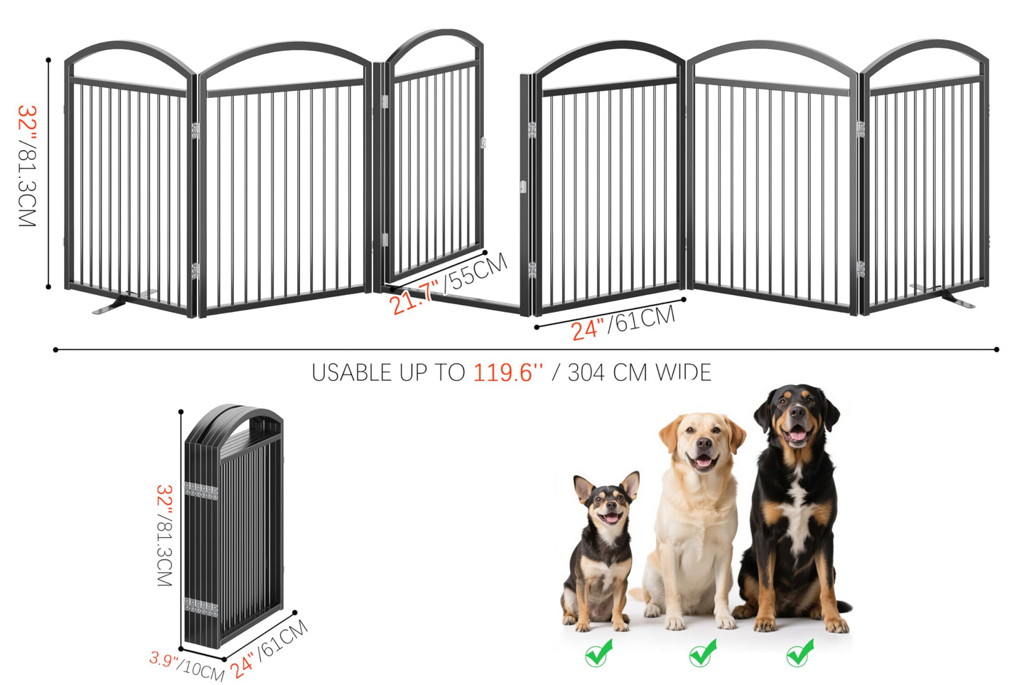 THKKY Folding No-Assembly Freestanding Dog Gate with Door,32" Heights Foldable Pet Fence,144" Extra Wide Accordion Puppy Folding Playpen for Doorways,House,Stairs (6 Panels,Black)