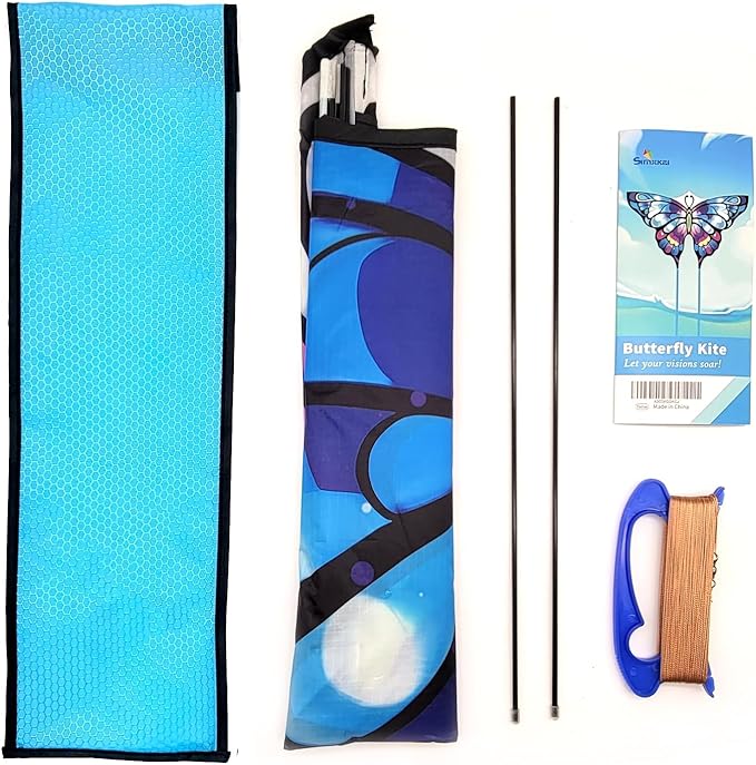 Simxkai Butterfly Kite for Kids & Adults, Easy to Fly Blue Big Kite for Beginners, Line Handle Included (1Pack 2Pack)