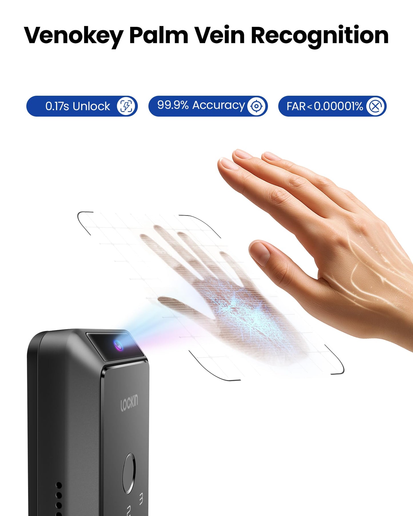 Lockin Veno Smart Deadbolt Lock with Dual Swappable Batteries for 14-Month Extended Power, Palm Vein & Fingerprint Keyless Entry, Built-in Wi-Fi, Doorbell, App Remote Control, IP65 Waterproof