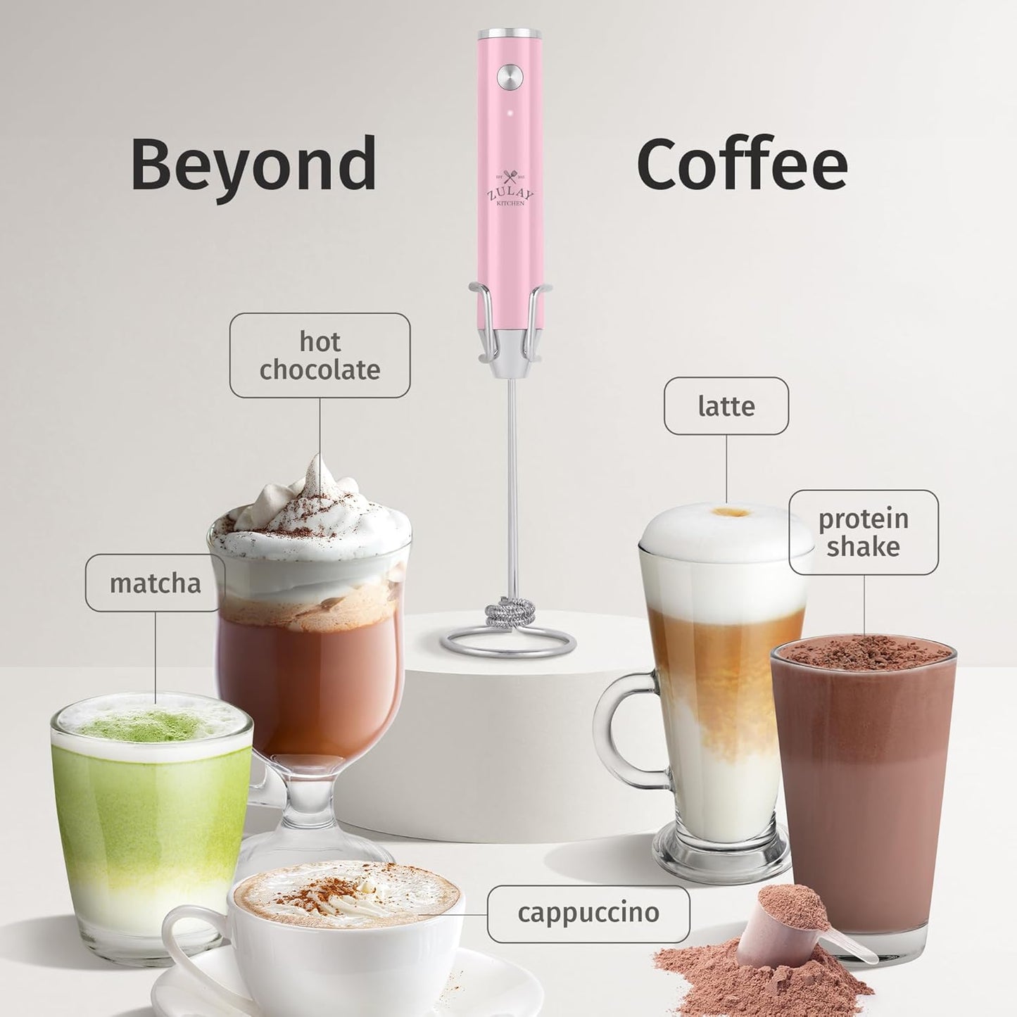 Zulay Kitchen Rechargeable Milk Frother - Powerful 2-Speed Motor, Waterproof, 2000mAh Battery | Pink Bubblegum Drink Mixer for Latte, Cappuccino & Matcha