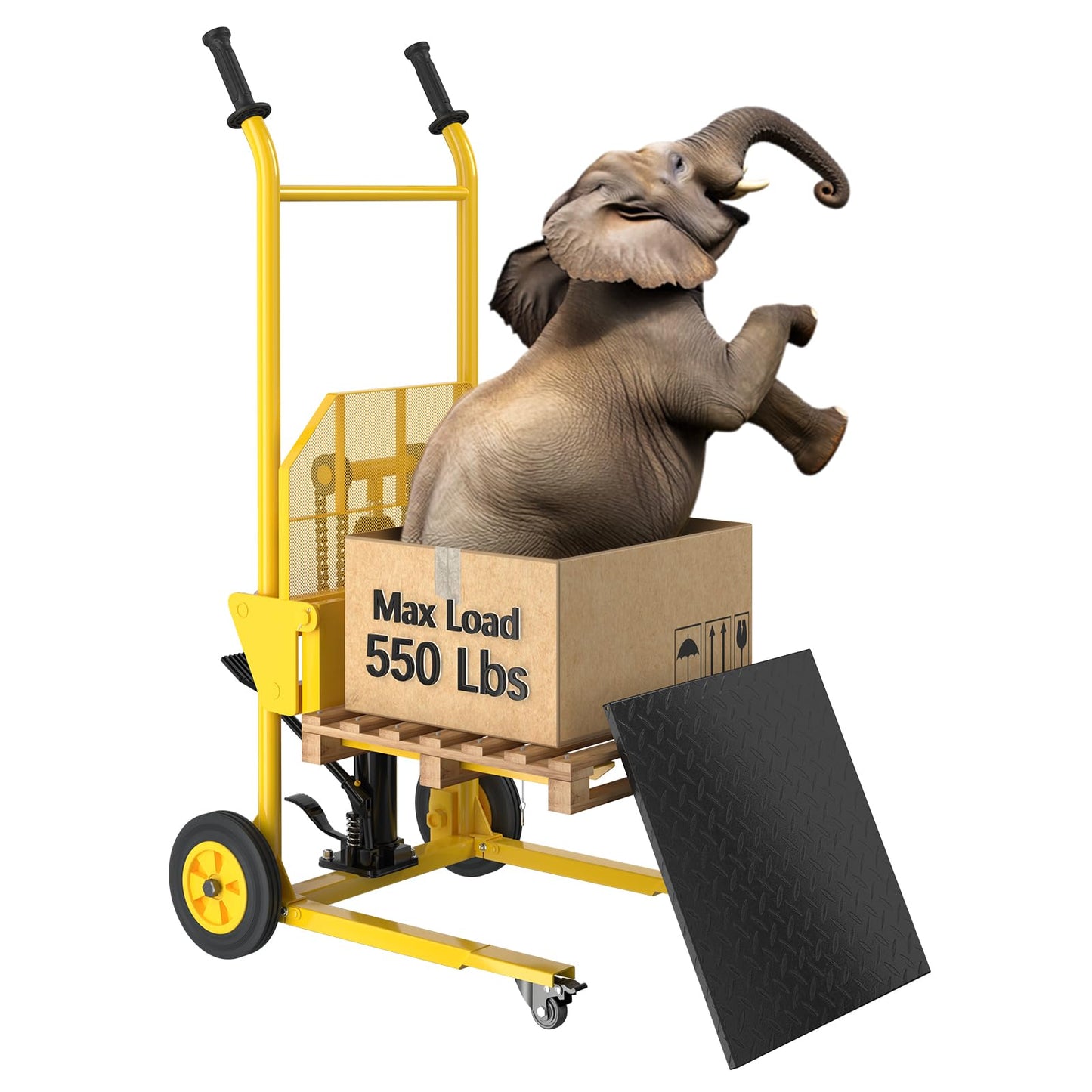 Hydraulic Material Lift,550lbs Lift Dolly,Upgraded Baffle Pallet Lift,37.4” Max Lift with Front Universal Wheels and 9" Polyurethane Wheels, 18.5" Fork Length, Hand Forklift, Steel Platform x 1