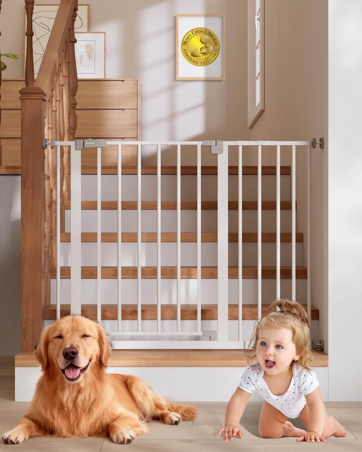 InnoTruth 29.5–40.75" Baby Gate for Stairs, 30" Tall Dog Gates for Doorways & Hallways, Safety Gate for Kids & Pets, Pressure-Mounted Walk-Through with Dual Lock & 2-Way Swing, White