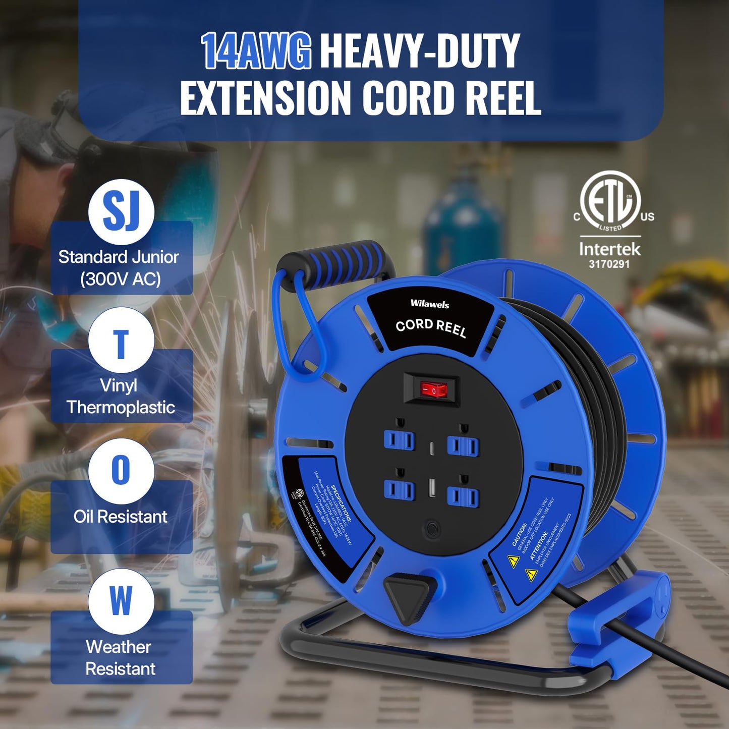 WILAWELS Extension Cord Storage Reel with 4-Grounded Outlets and 80 FT Retractable Extension Cord Reel Bundle, for Indoor Outdoor Use J95CR06-U80ACR06