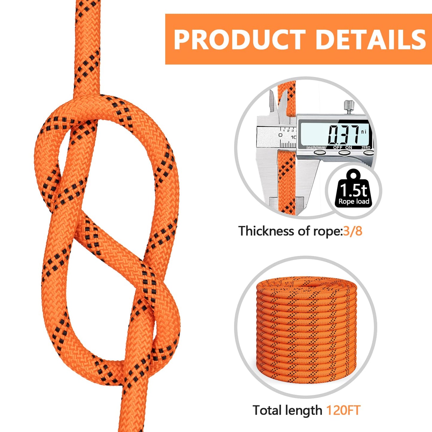 X XBEN Braided Polyester Arborist Rope 3/8 inch X 120ft, 48 Strands, 3430 LBS Breaking Strength Outdoor Rope, Arborist Rigging Ropes for Rock Hiking Camping Swing Tree Rescue, Orange