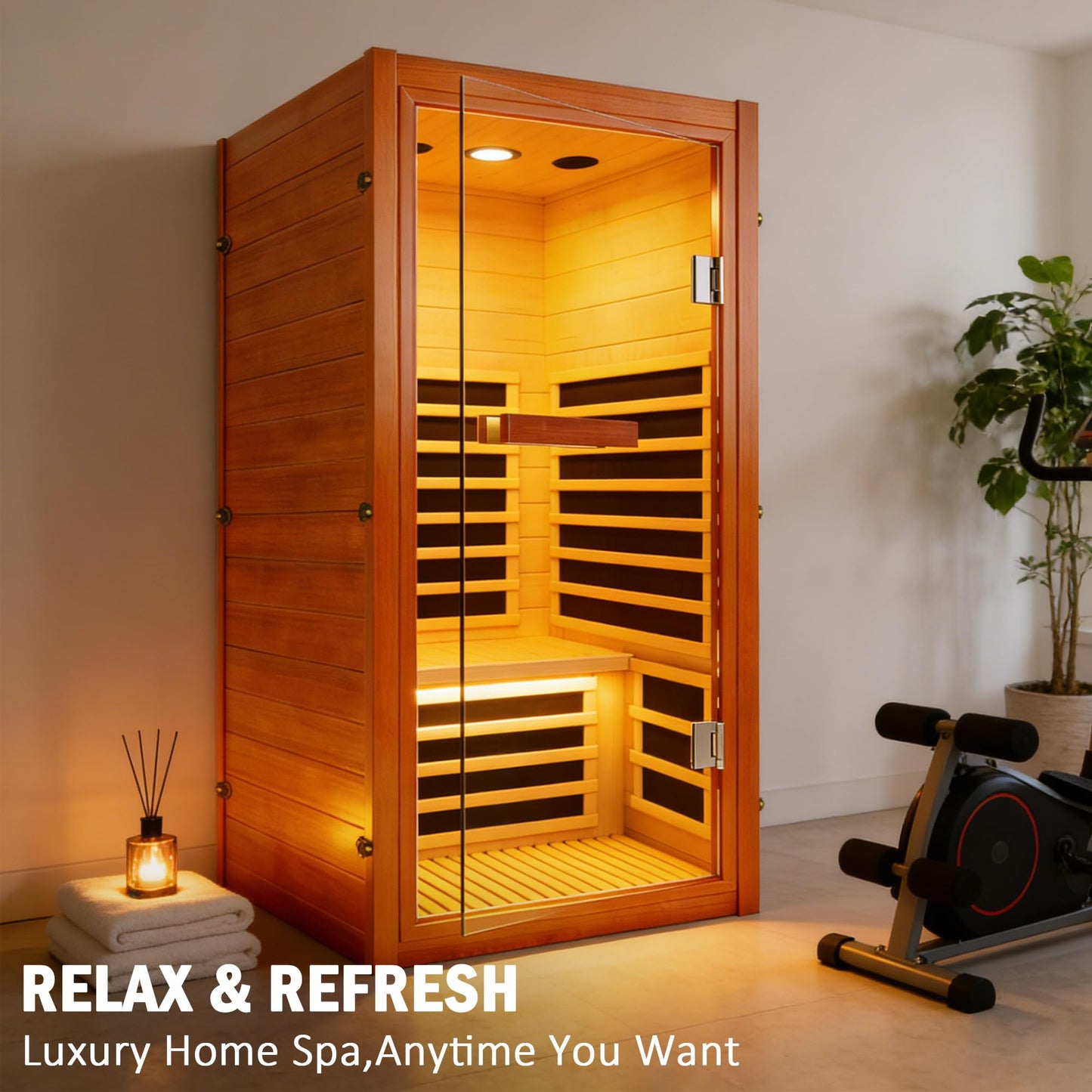 Infrared Sauna, Far Infrared Saunas for Home, Low EMF 1 Person Sauna Indoor Sauna Room Dry Sauna with Bluetooth Speakers 7 Color Light Therapy Fast Heating Easy Assembly 1065W/110V 31.5*31.5*63 IN