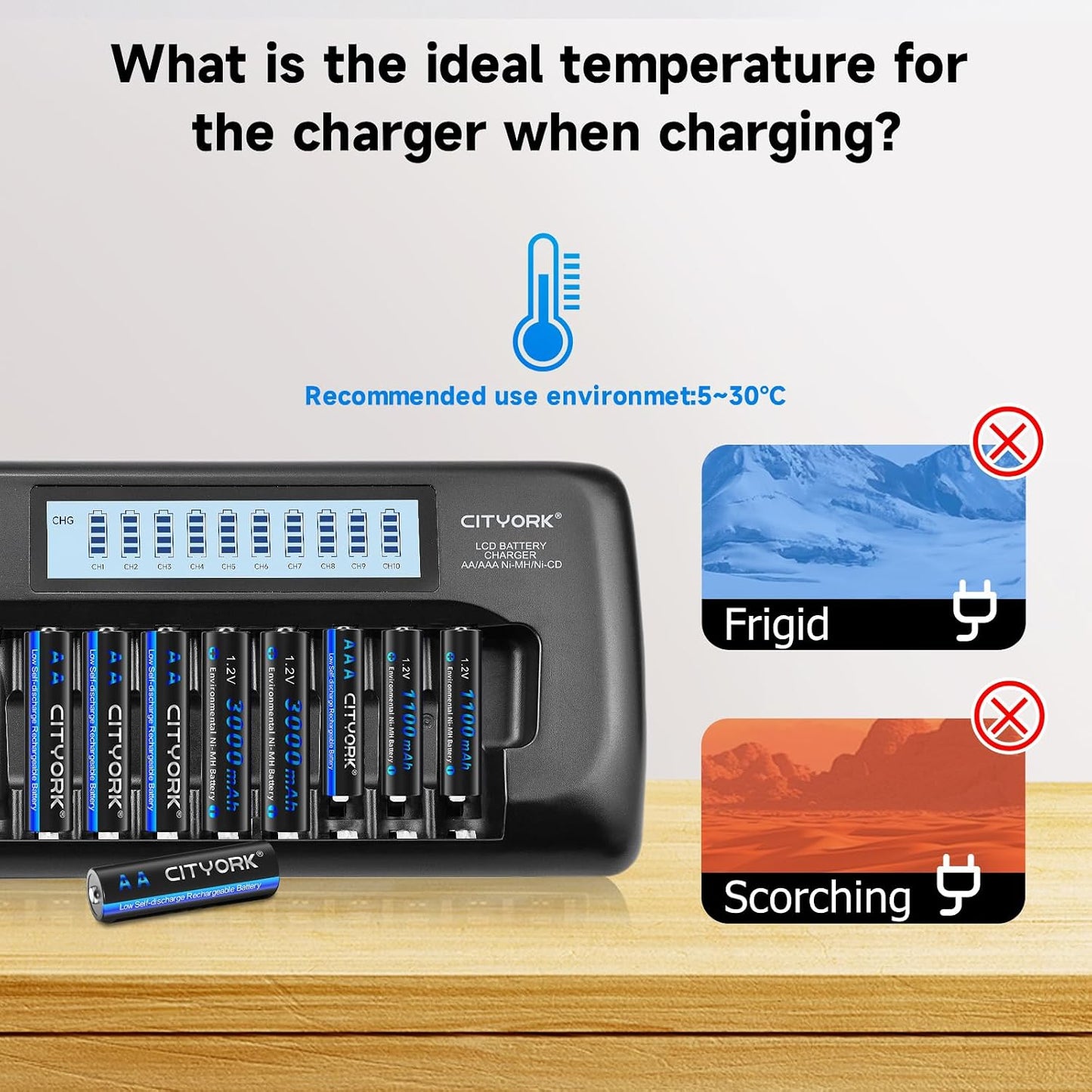 CITYORK 10+4 10 1.2V 4 9V Bay AA AAA Battery Charger with LCD Display, Bay for AA AAA NiMH NiCd Batteries, Bay