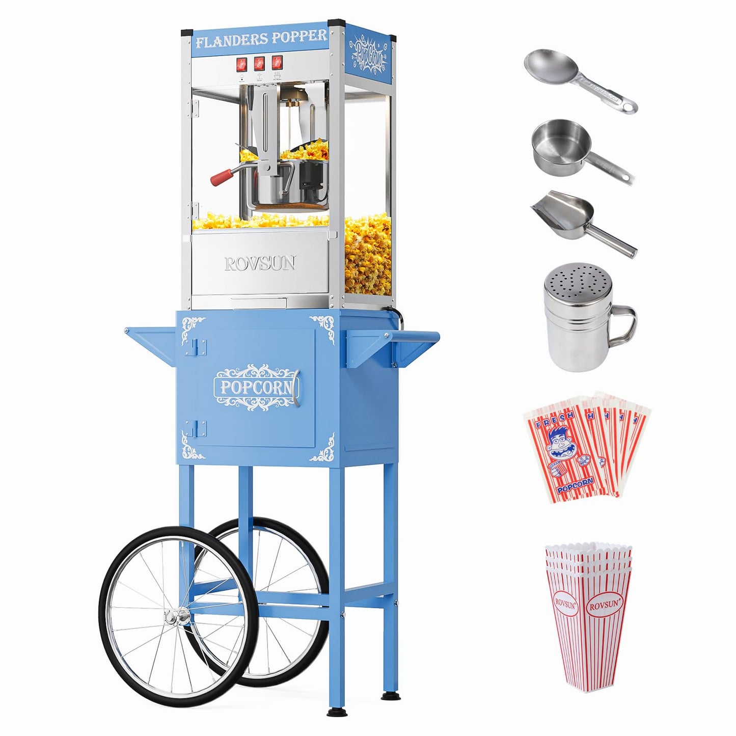 ROVSUN Popcorn Machine with Cart, 10 Oz Kettle Makes Up to 4 Gallons ETL Certified, Popcorn Maker w/Scoop, Oil Spoon, Bags & Popcorn Cups, Movie Theater Style Popper for Commercial Home Party, Blue