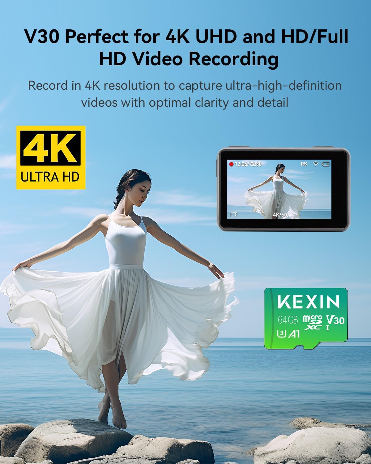 KEXIN 64GB 3 Pack 85MB/s 4K, V30, A1, C10, 4K Tablet,64 Micro SD Card with Adapter - Up to UHD High Speed microSDXC