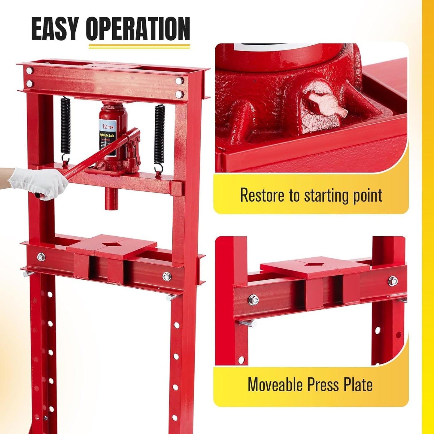 12-Ton H-Frame Hydraulic Press with Adjustable Table & 2 Press Plates, Heavy-Duty Shop Press for u-Joints, Metal Bending, and Garage Repairs