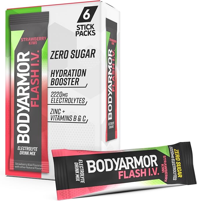 BODYARMOR Flash IV Electrolyte Packets, Strawberry Kiwi - Zero Sugar Drink Mix, Single Serve Packs, Coconut Water Powder (6 Count)