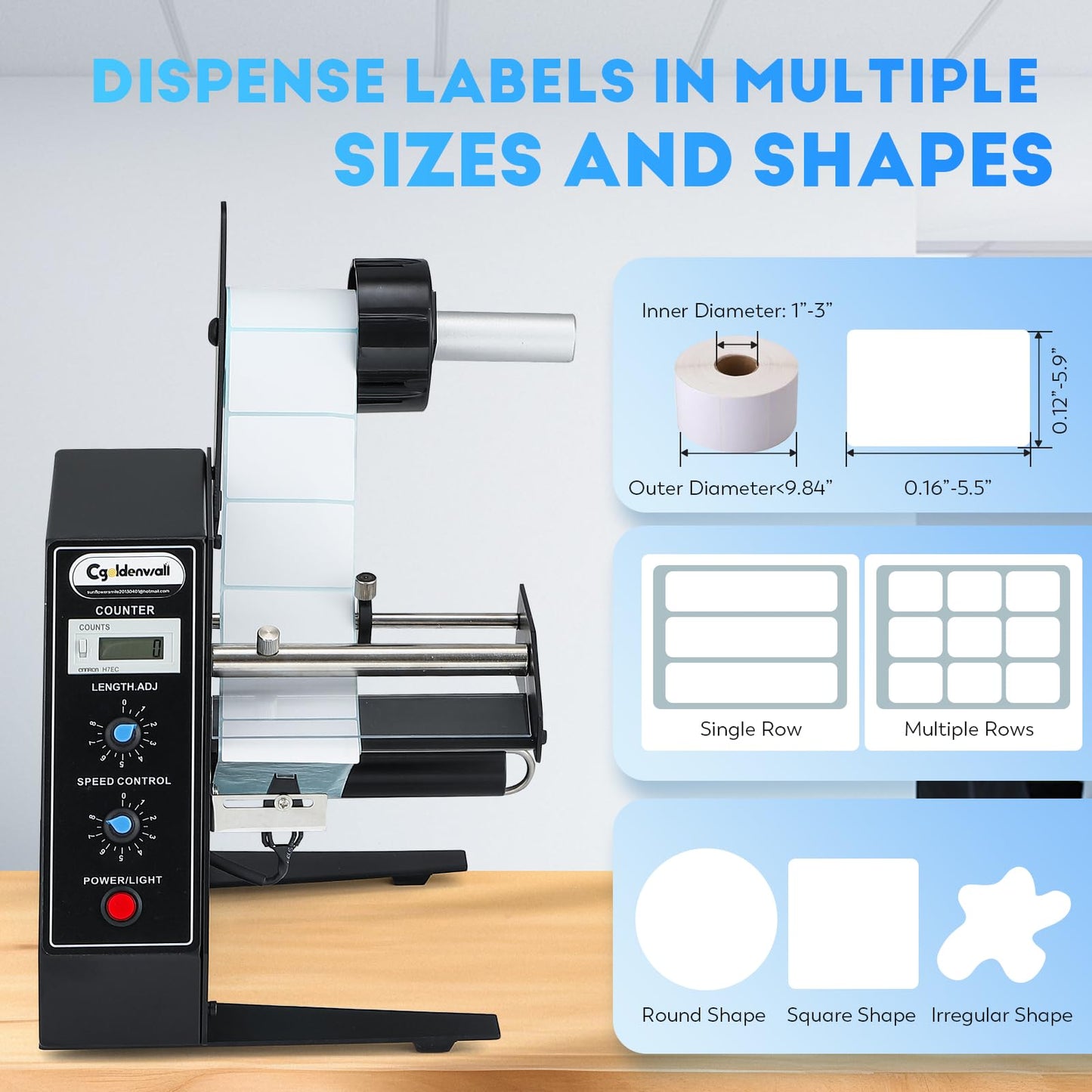 CGOLDENWALL Automatic Label Dispenser Sticker Roll Dispenser for Logistics Office Home, 1-8m/min Speed Adjustable, Length 0.12-5.9" Width 0.16-5.5", Auto Sensing&Counting, Max Roll Dia. 9.8"