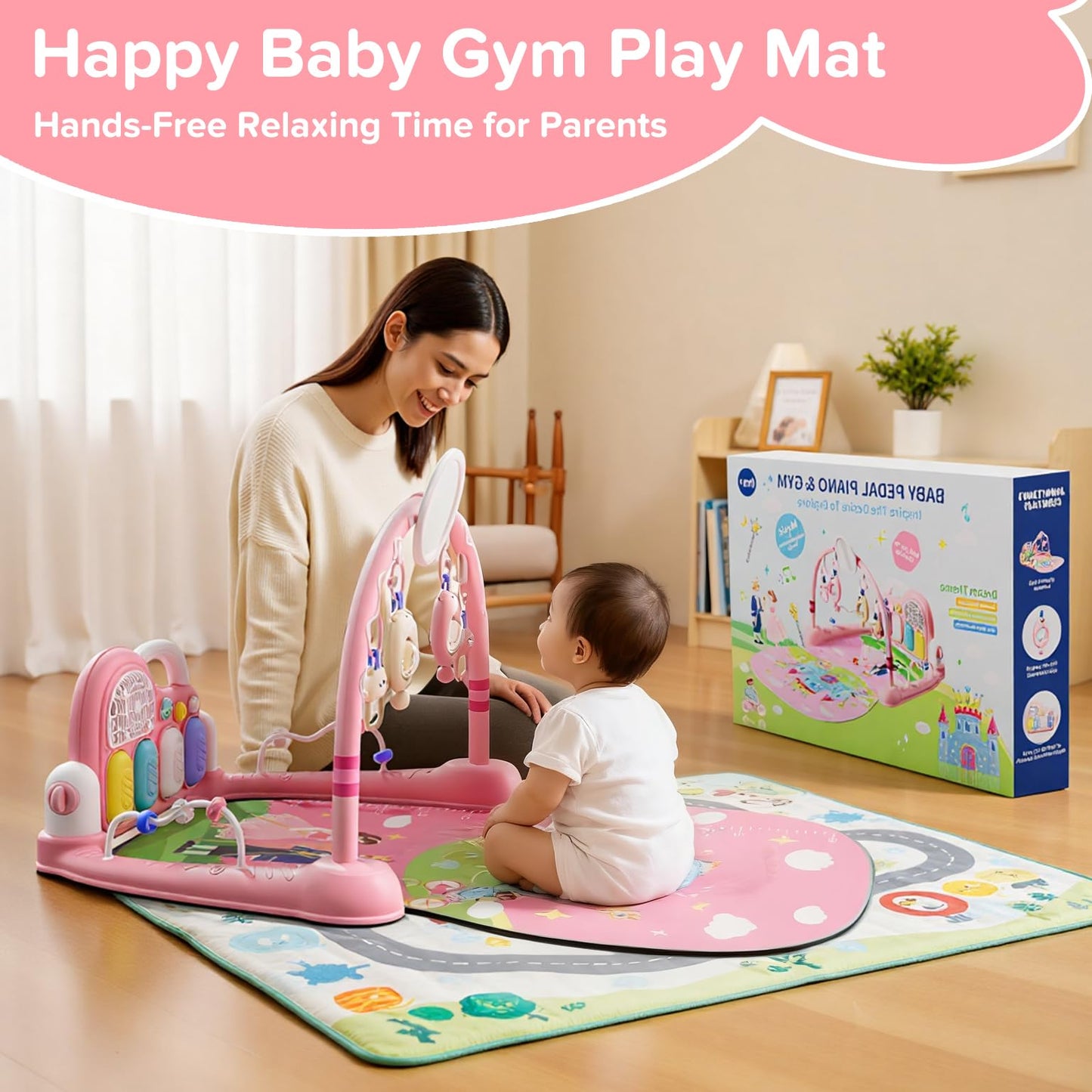 Baby Play Mat Kick and Play Piano Gym，Baby Floor Play Gym Tummy Time Mat，Baby Activity Mat with Music Lightsat and Sensory Toys Boy & Girl Gifts for Infant Newborn 0 to 3 6 9 12 Months (Pink)