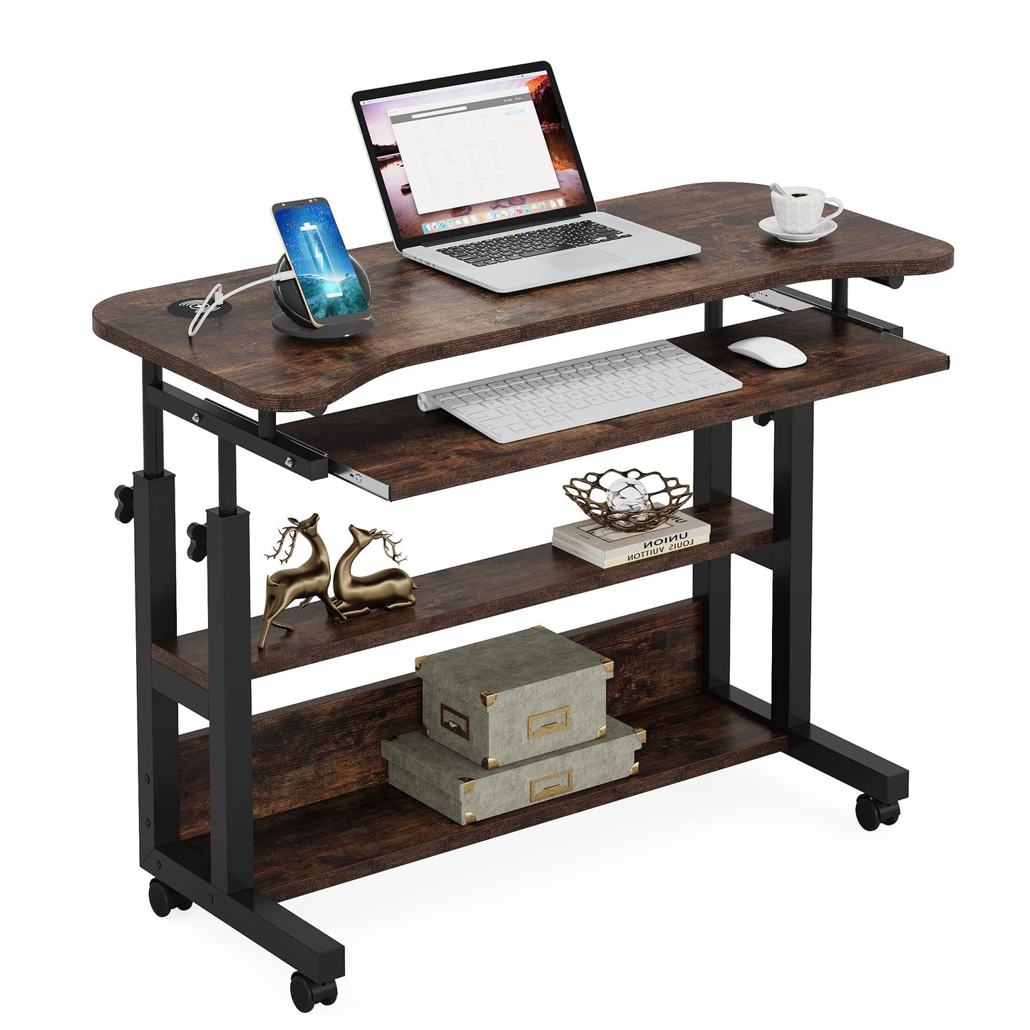 Tribesigns Portable Desk with Power Outlets, Height Adjustable Side Table Sofa Couch Bedside Laptop Computer Cart with USB Charging Ports, Mobile Small Standing Desk with Keyboard Tray