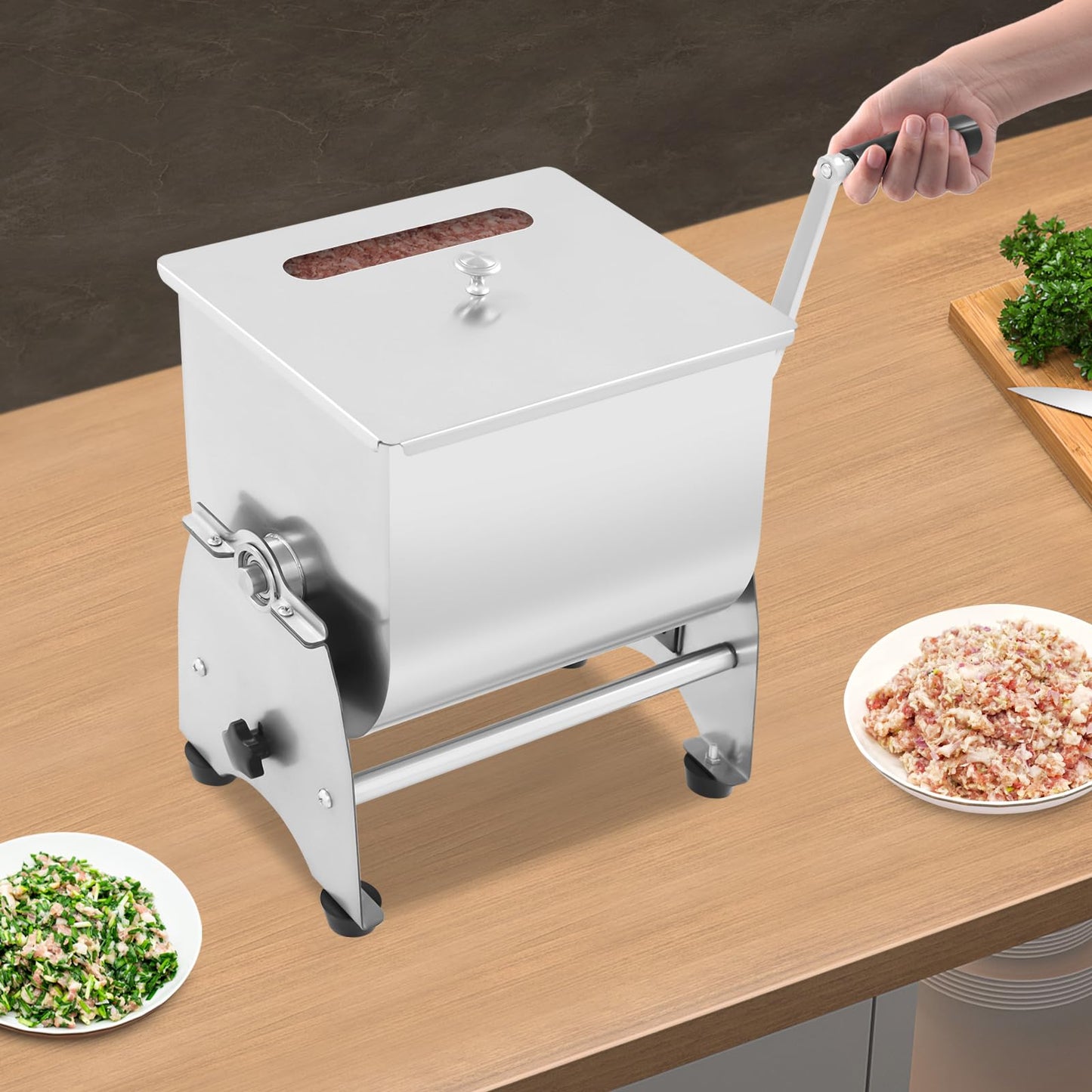 Commercial Tilting Meat Mixer, 22 lb Stainless Steel Sausage Mixer Machine, Manual Crank with Removable Paddle & Non-Slip Base, for Burger Jerky Seasoning, Home & Restaurant Use
