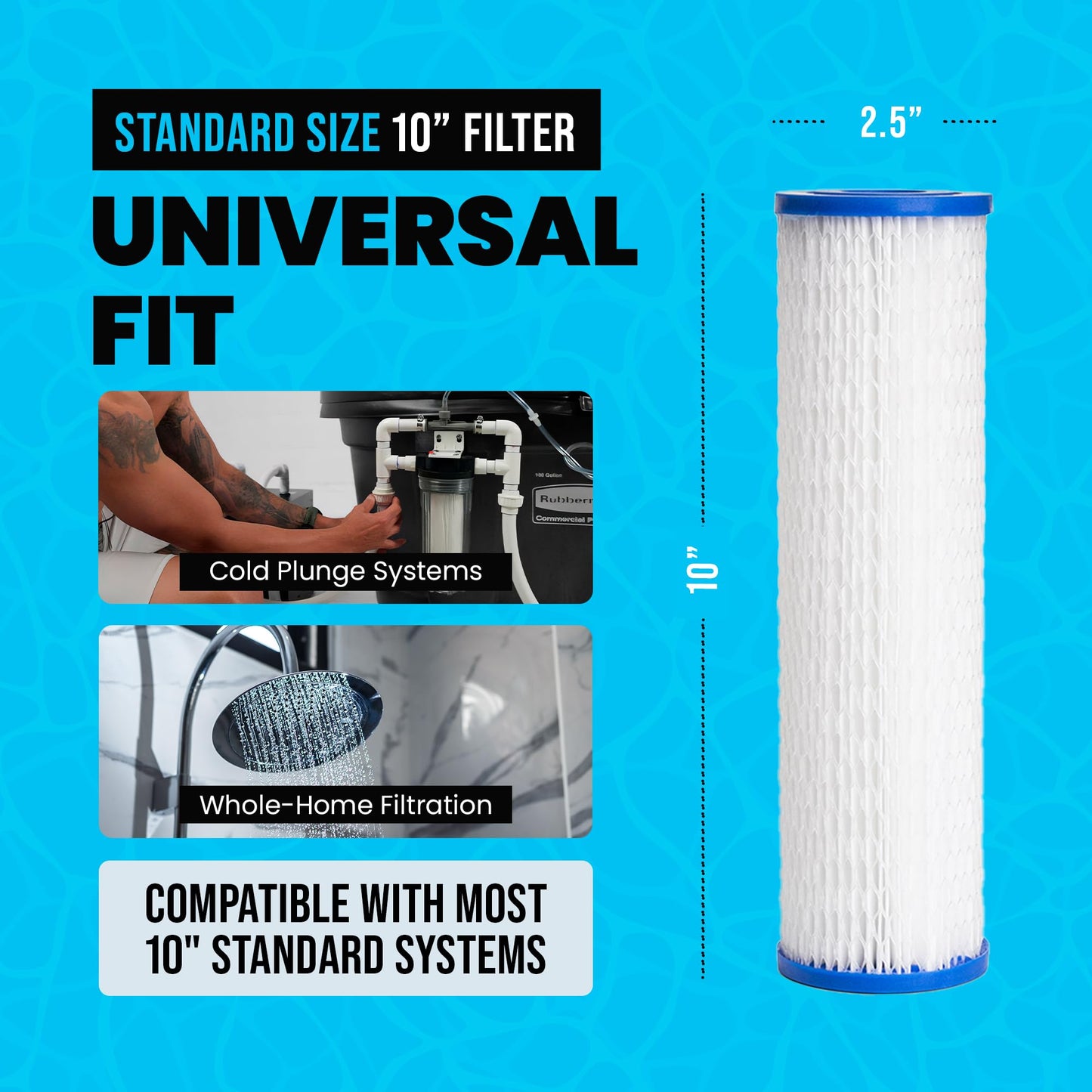 Cold Plunge Water Filter Cartridges, 50 Micron Sediment Filters for Ice Bath & Cold Plunge Tubs, Universal 10” x 2.5” Water Filter Replacements, Under Sink & Whole House Systems, 4-Pack