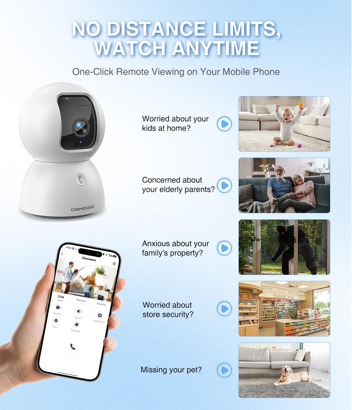 CINMOORE 3K 64GB 5GHz 2.4GHz 6, 360 2-Way Indoor Camera with Card, Human/Pet/Facial AI Detection, Dog/Cat/Pet Camera