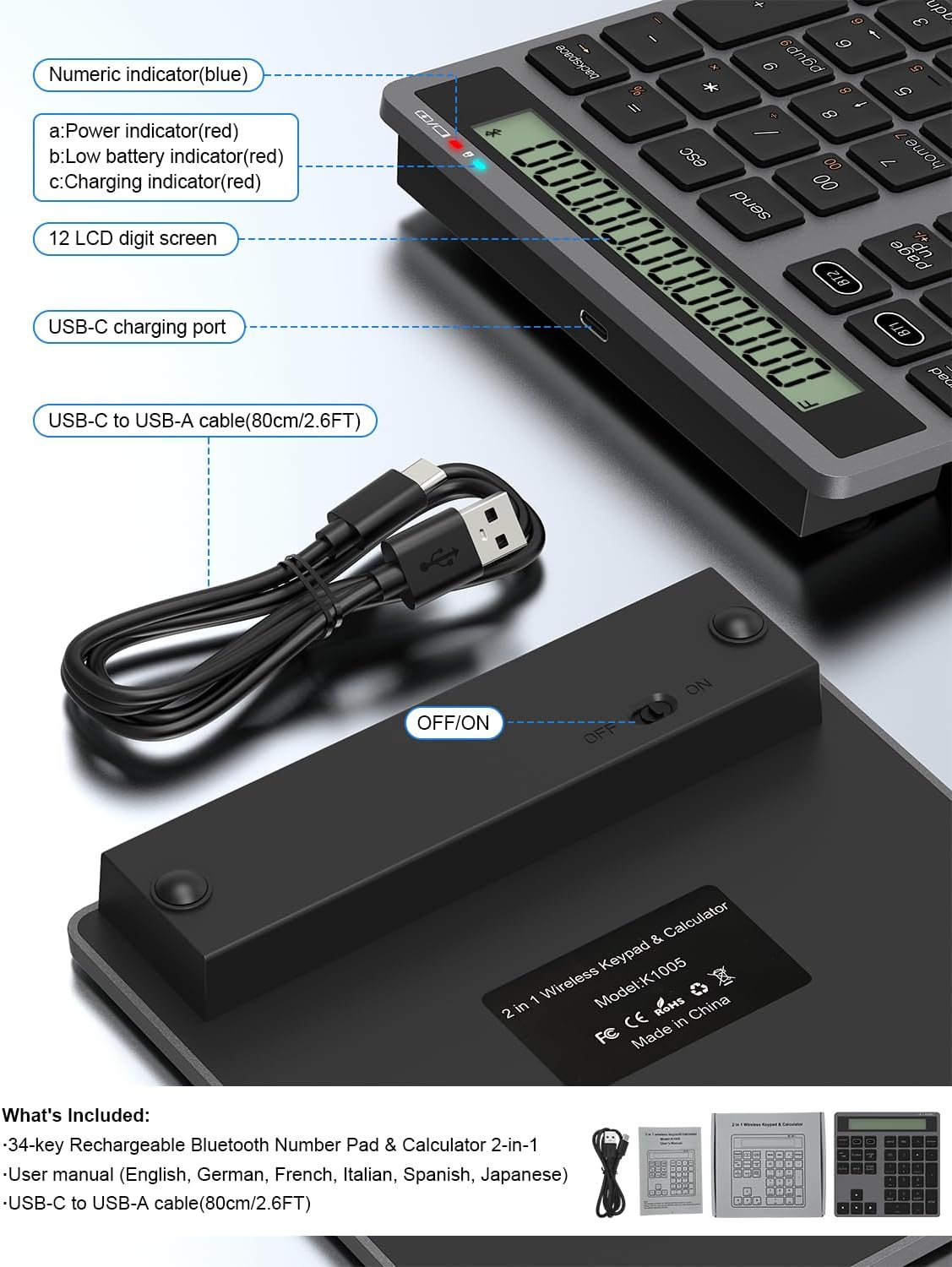 Tioleje 2-IN-1 34-Key Accounting 2in1 Rechargeable Bluetooth Number Pad with Display Calculator - Wireless & Wired