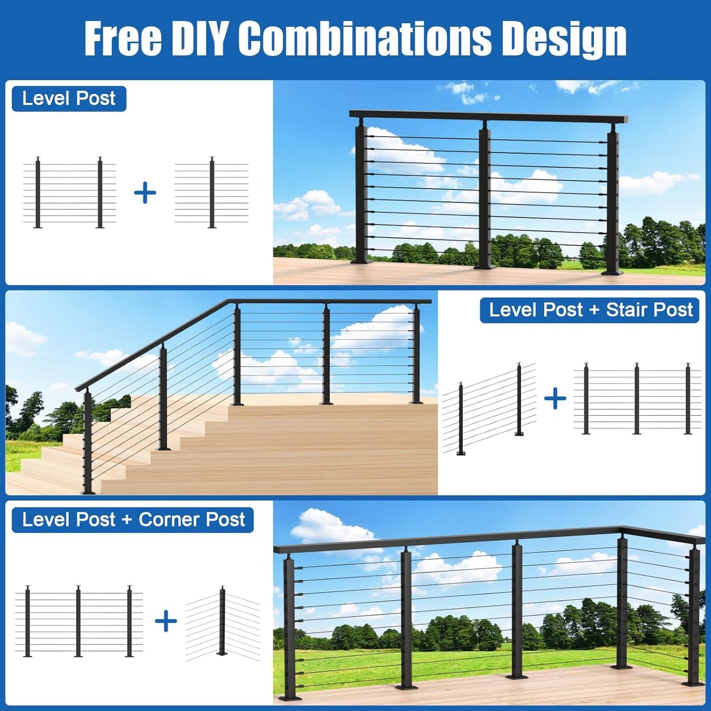 CKE 5-10ft Complete Set 36" Stair Cable Railing Post Kit (35"x2"x2") for 25°-35° Stair, 2 Pack Stair Cable Posts, 150ft 1/8" Wire Rope, Black Swageless Invisible Cable Railing System DIY Kit SPS01