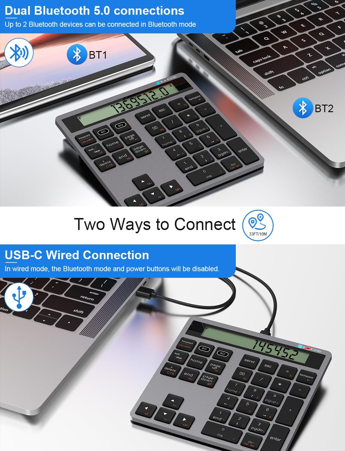 Tioleje 2-IN-1 34-Key Accounting 2in1 Rechargeable Bluetooth Number Pad with Display Calculator - Wireless & Wired
