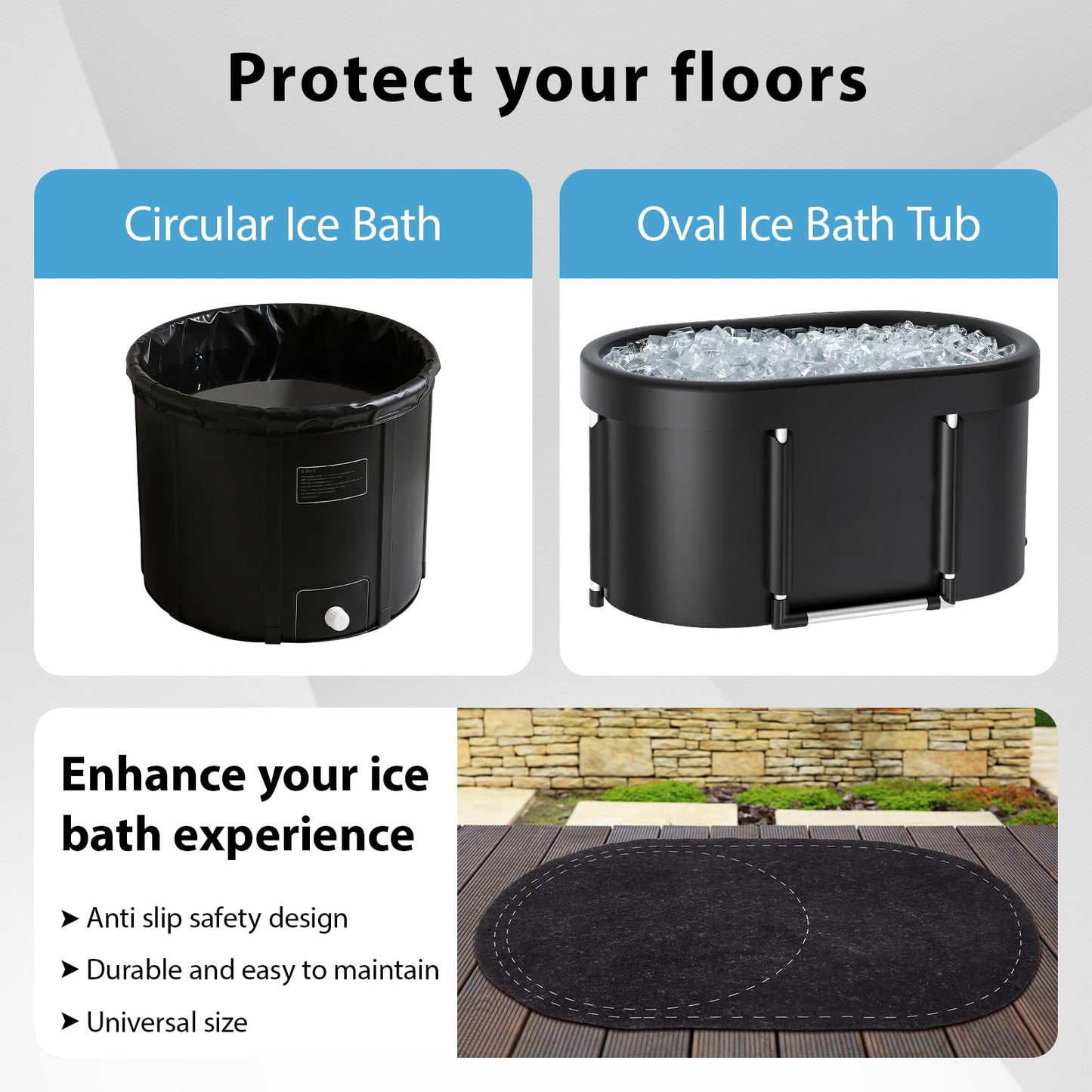 Drydiet 63 x 40 Inch Cold Plunge Tub Floor Mat Waterproof Ice Bath Tub Mat Indoor Outdoor Anti-Slip Protector Pad for Round Oval Rubber Pad for Underneath of Ice Baths Accessories