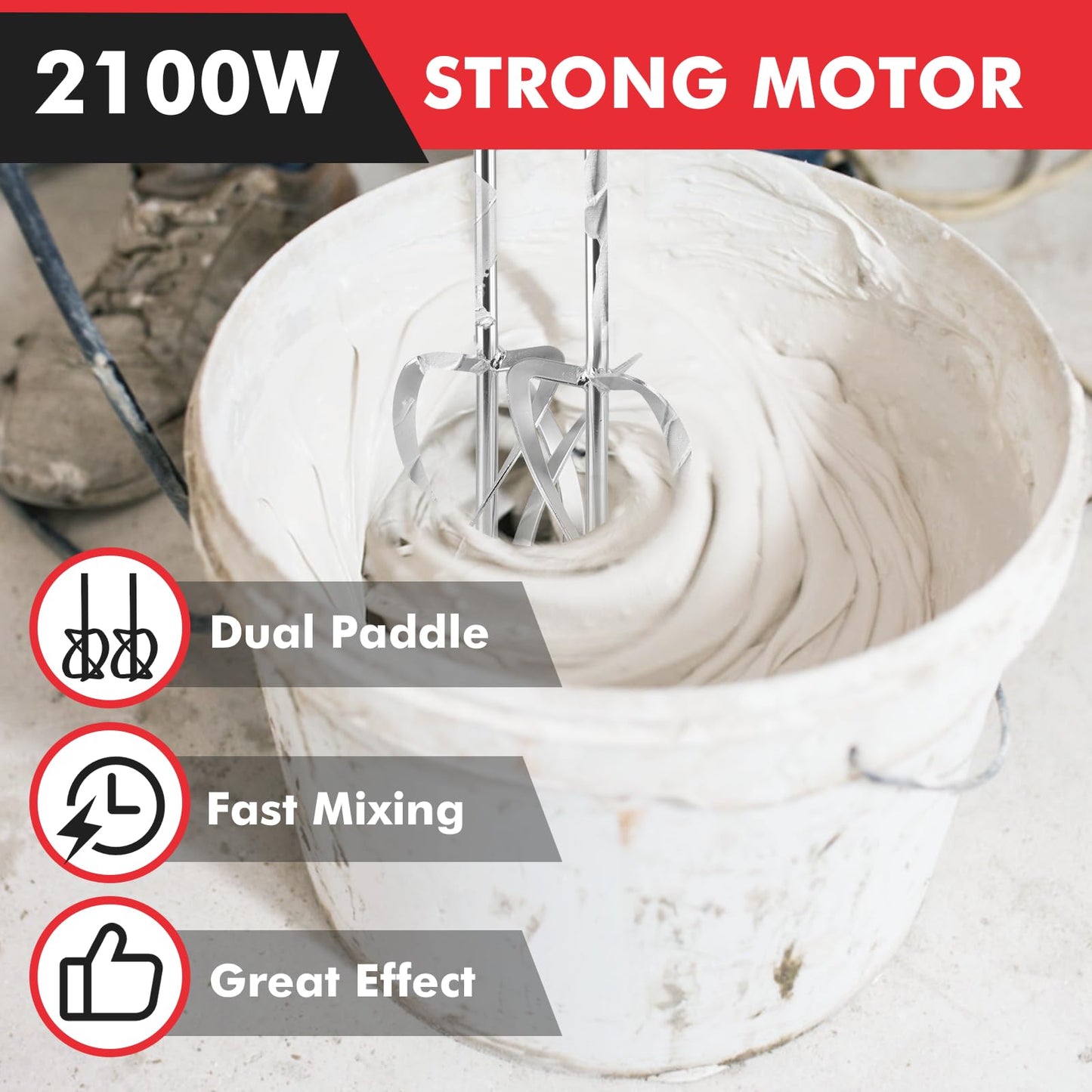 Meticuloso Concrete Mixer 2100W, Upgraded Double Paddle, Portable Cement Mixer with 6 Speed, 950RPM, Handheld Mud Mixer for Mortar, Paint, Grout, Plaster, Thinset, Fodder Stirring Tool