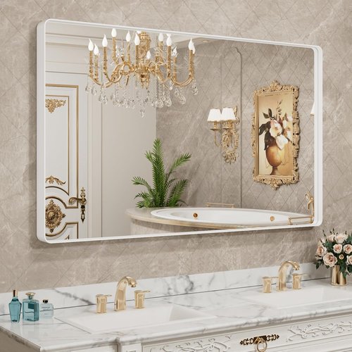 LOAAO Bathroom Mirror - 55x30 Inch White Metal Framed Vanity Mirror | Large Rounded Rectangle, Anti-Rust, Tempered Glass