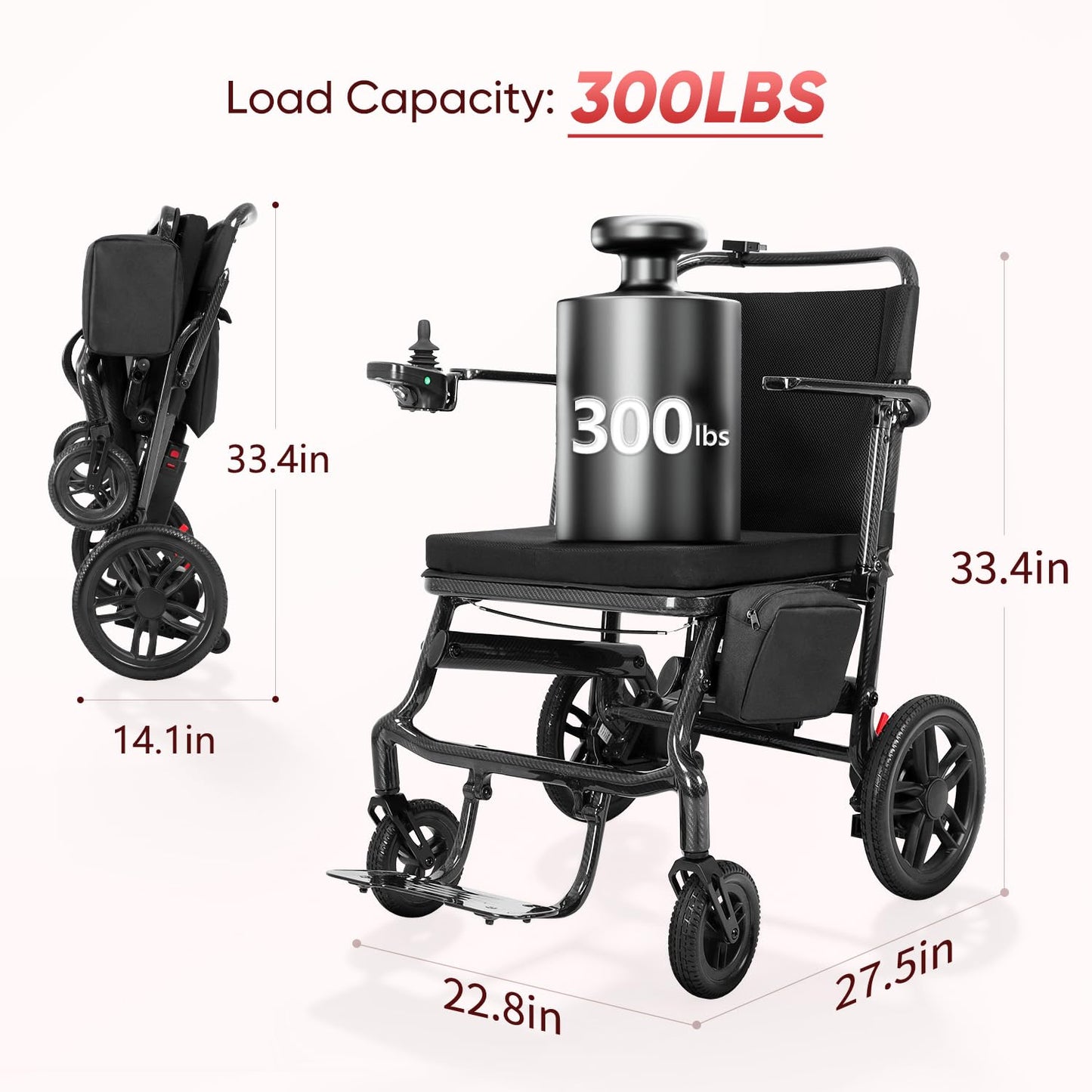 26 lbs Carbon Fiber Electric Wheelchair for Adults, Foldable Powered Wheelchair with Dual Battery & Motor, 22 Miles Range, 300 lbs Capacity, Airline Approved
