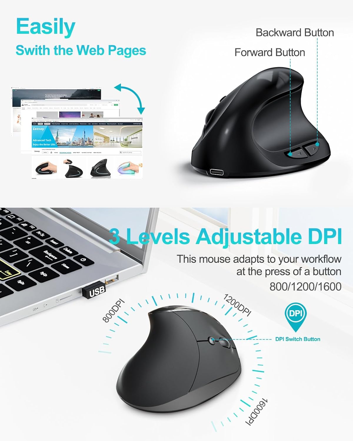 Lekvey 3 Ergonomic Mouse, Vertical Wireless Mouse for Small/Medium Hands, Rechargeable with USB Receiver, DPI