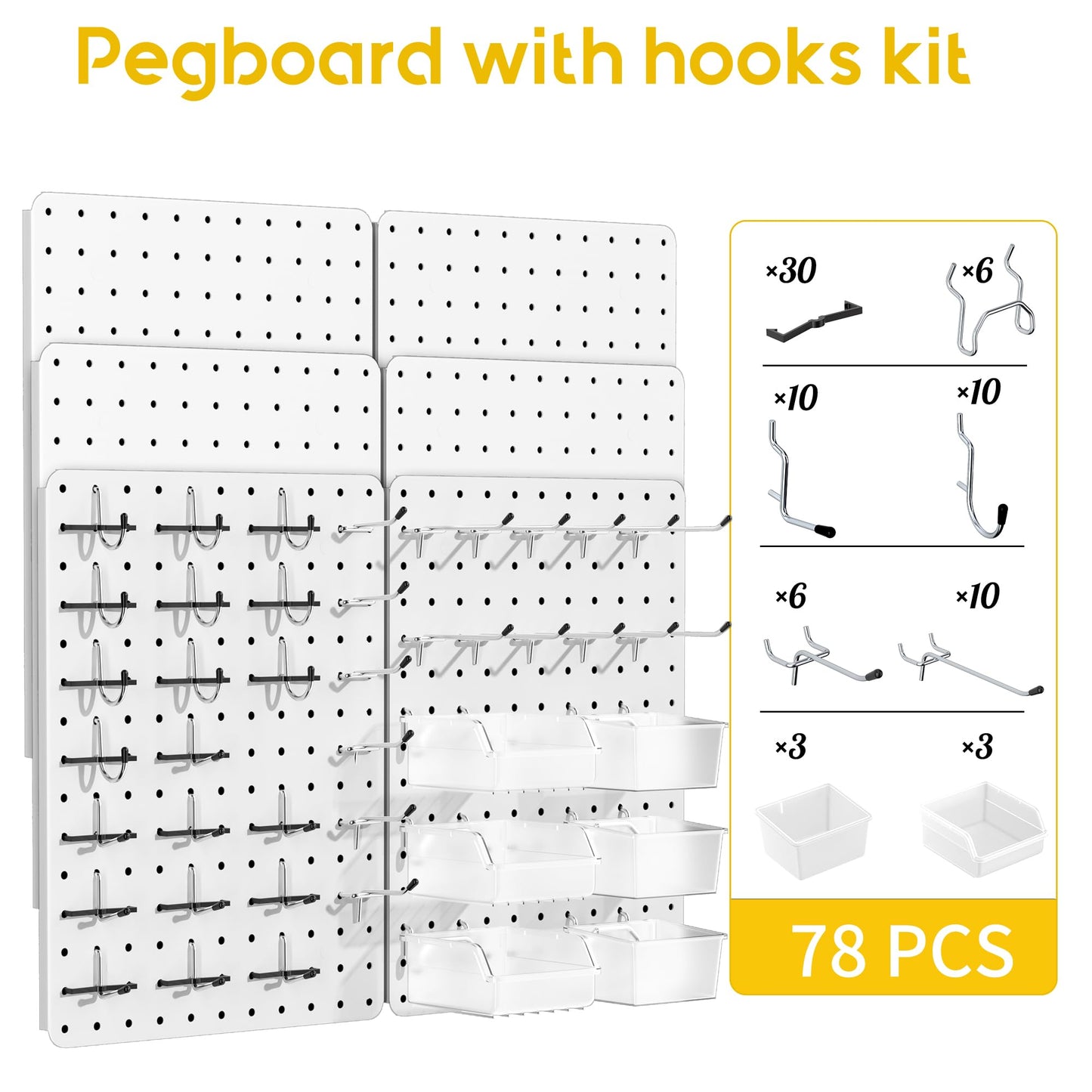 PHX Grove Peg Board for Tools, 6 Pack Metal Pegboard Wall Organizer with Hooks,14.76"×10.82" White Pegboard Panels for Walls Home, Garage Tool Storage, Kitchen, Office Organization, Craft Room