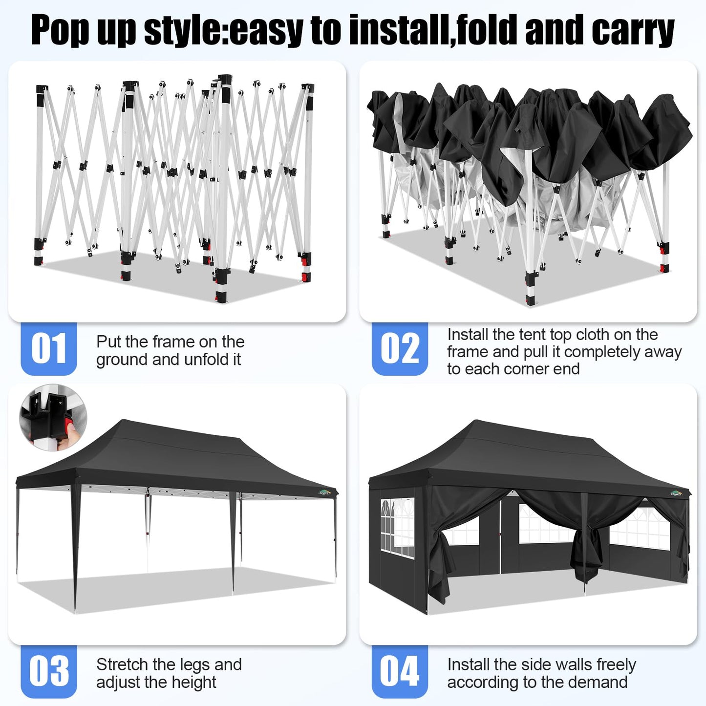 COBIZI 10x20 Pop Up Canopy with 6 Sidewall, Commercial Canopy UPF 50+ Waterproof Outdoor Gazebo with Carry Bag, Tents for Parties with Upgrade Frame, 3 Height Adjustable, Black