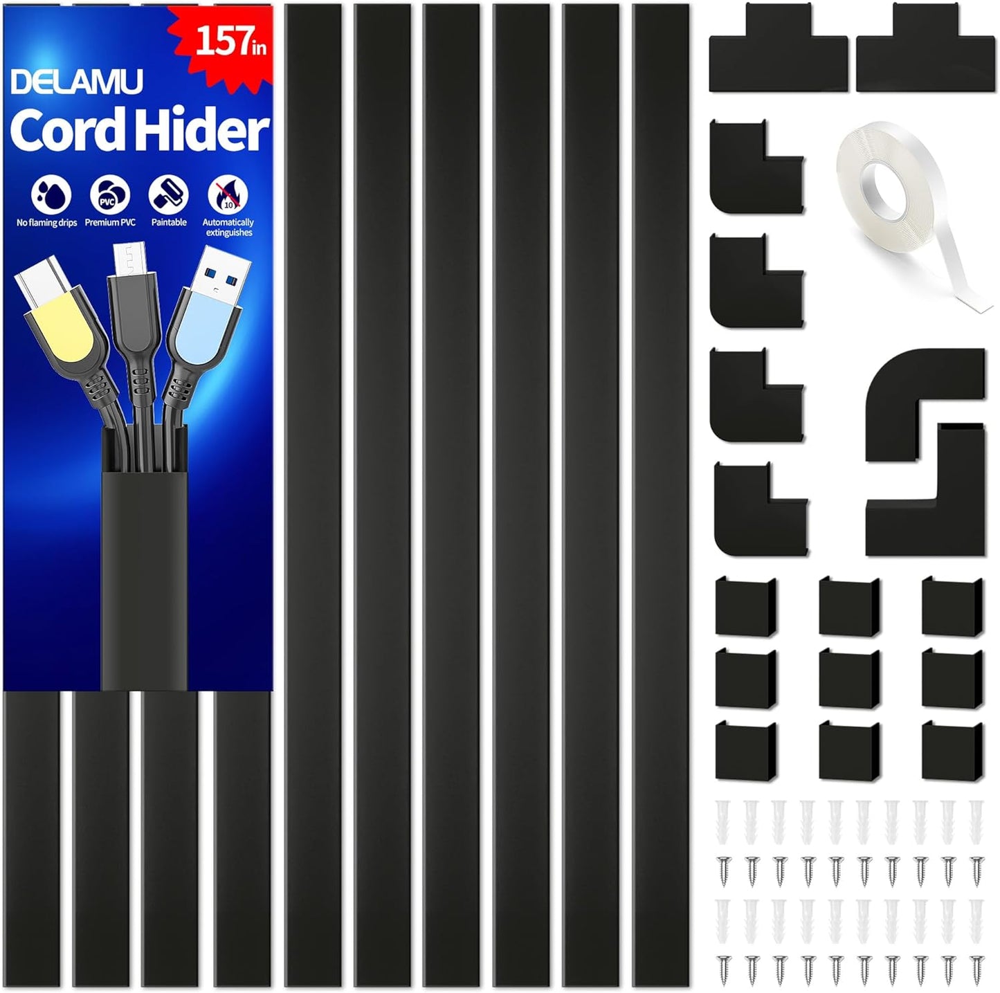 Delamu 157in 10XL15.7 W0.95 H0.55in, Cable Hider, Cord Hider Wall for Wall Mounted TV, Wire Hider Kit, Paintable Cable