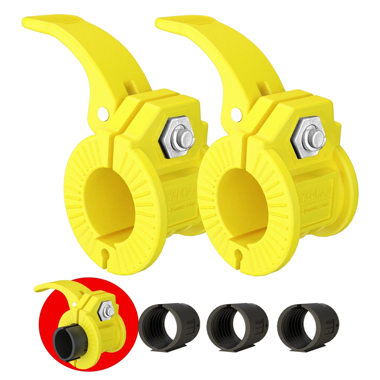 ZY-HUAN Barbell Clips 1 inch Barbell Clamps 0.9-1.18inch Quick Release Weight Clips for Bars Multi-Size Adjustable Olympic Barbell Clamps (Yellow)
