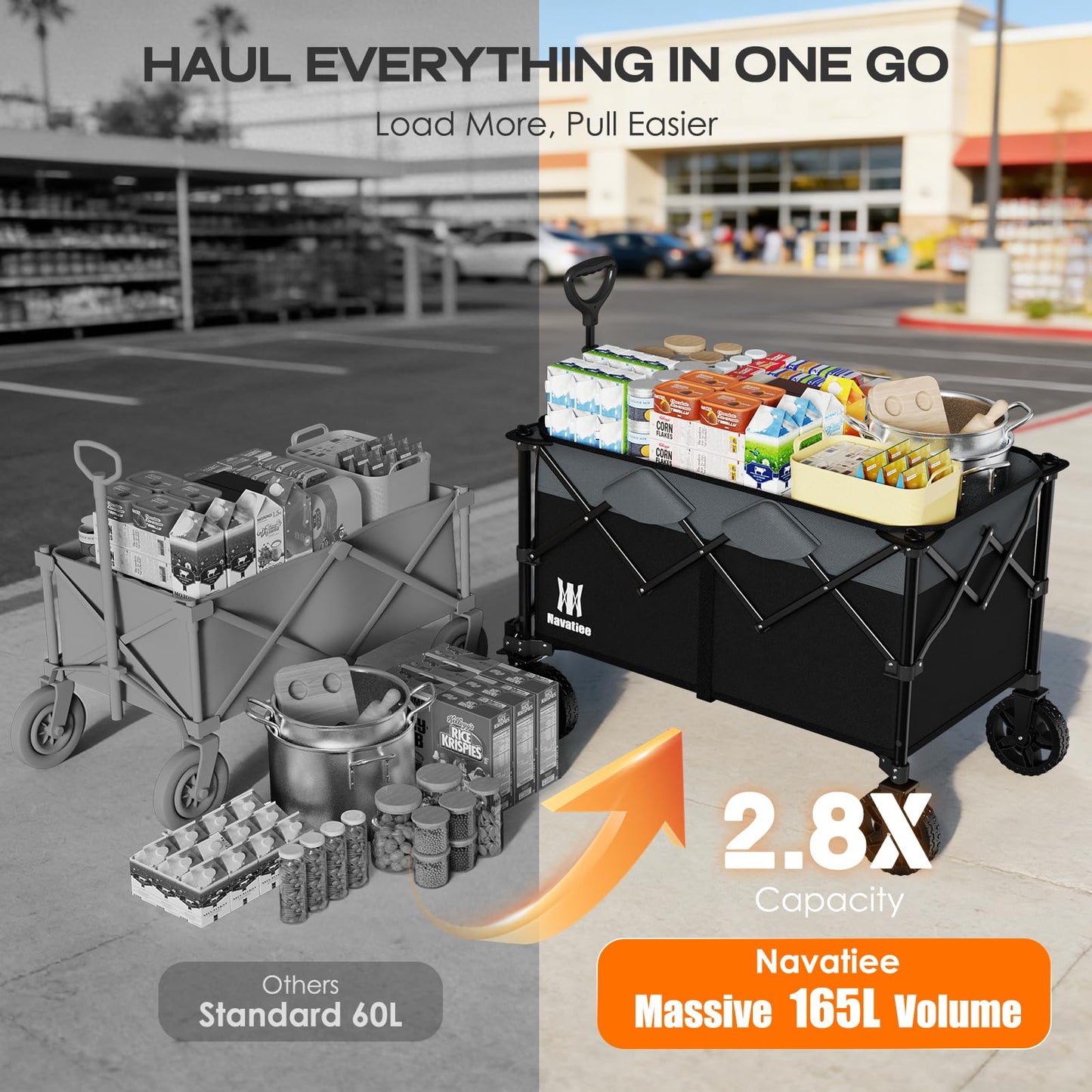 Navatiee 165L Collapsible Folding Wagon, Large Foldable Wagon with Silent All-Terrain Wheels, 330Lbs Heavy Duty Utility Grocery Cart for Camping Shopping Outdoor, Black