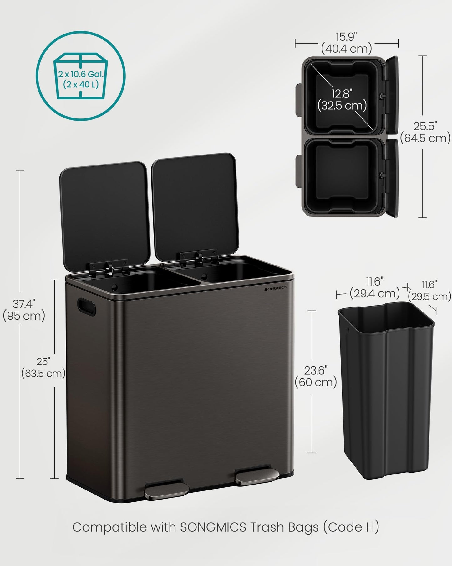 SONGMICS Trash Can, 2 x 10.6 Gallon (2 x 40 L) Garbage Can for Kitchen, with 15 Trash Bags, 2 Compartments, Plastic Inner Buckets and Hinged Lids, Airtight, Slate Gray ULTB730G01V1