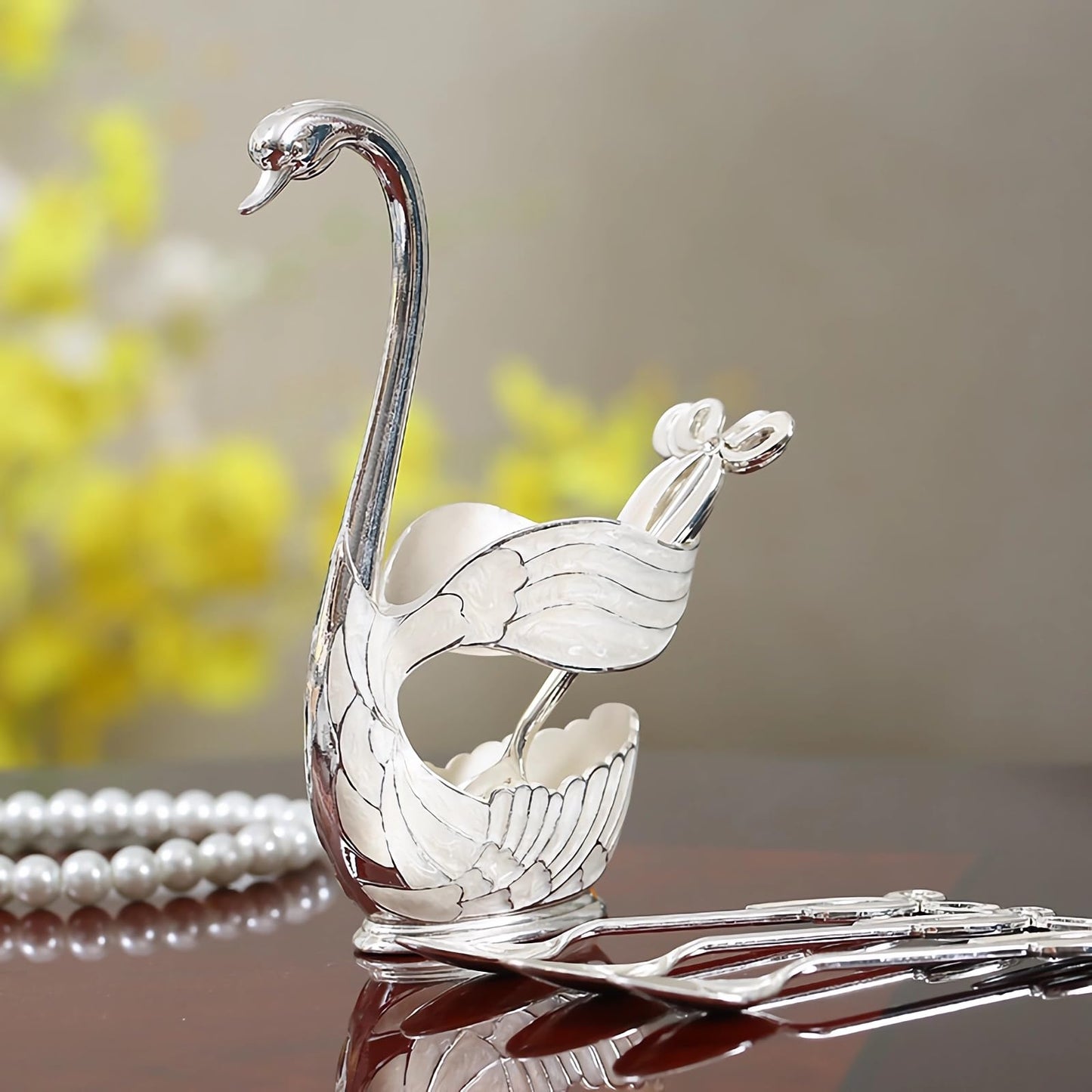 Decorative Gold Swan Base Holder with 6pcs Coffee Spoon Set - Creative Dessert Spoons,Silver