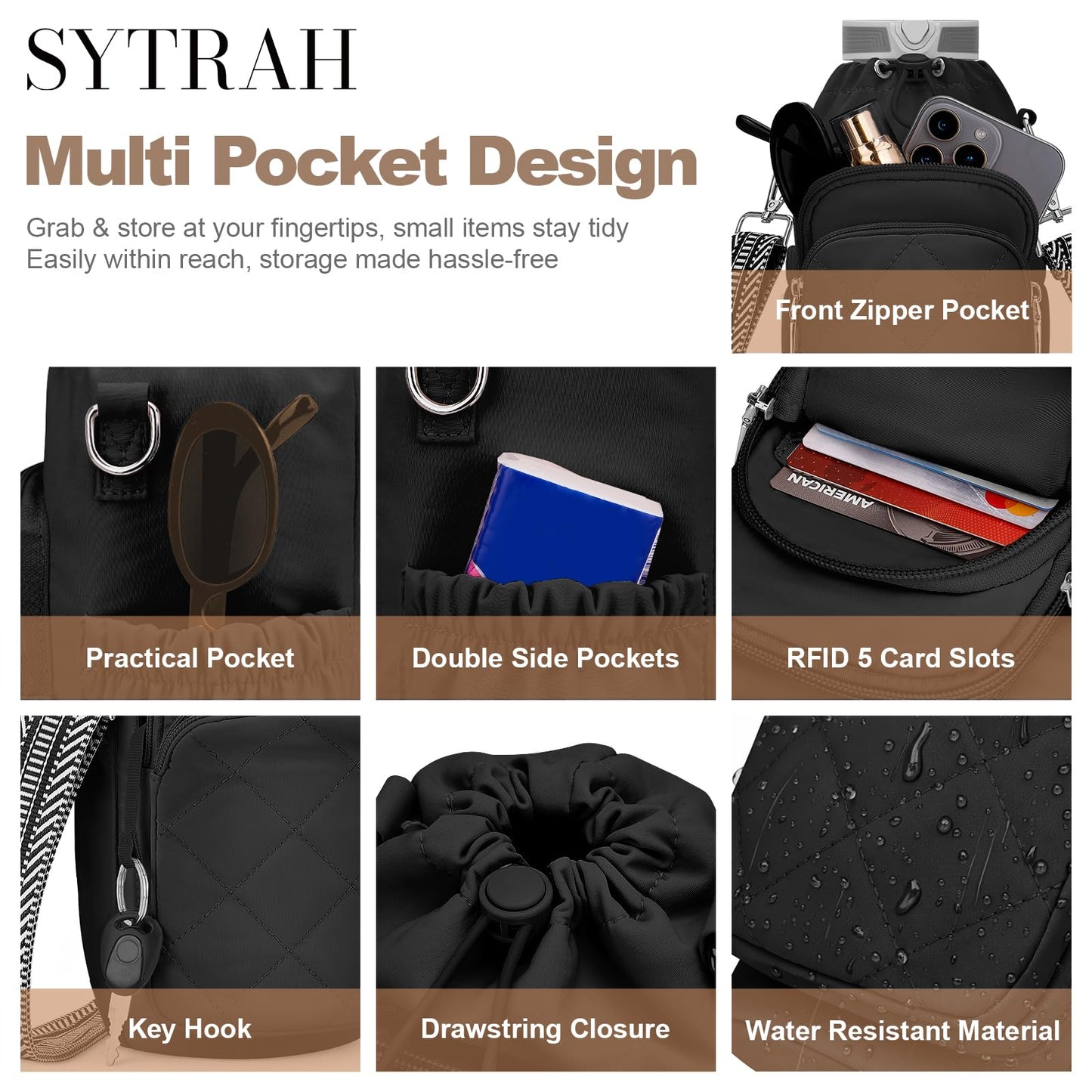 SYTRAH Water Bottle Bag Crossbody，Insulated Water Bottle Purse Crossbody Water Bottle Holder with Strap 40 oz, Sling Bag for Walking Hiking, Black
