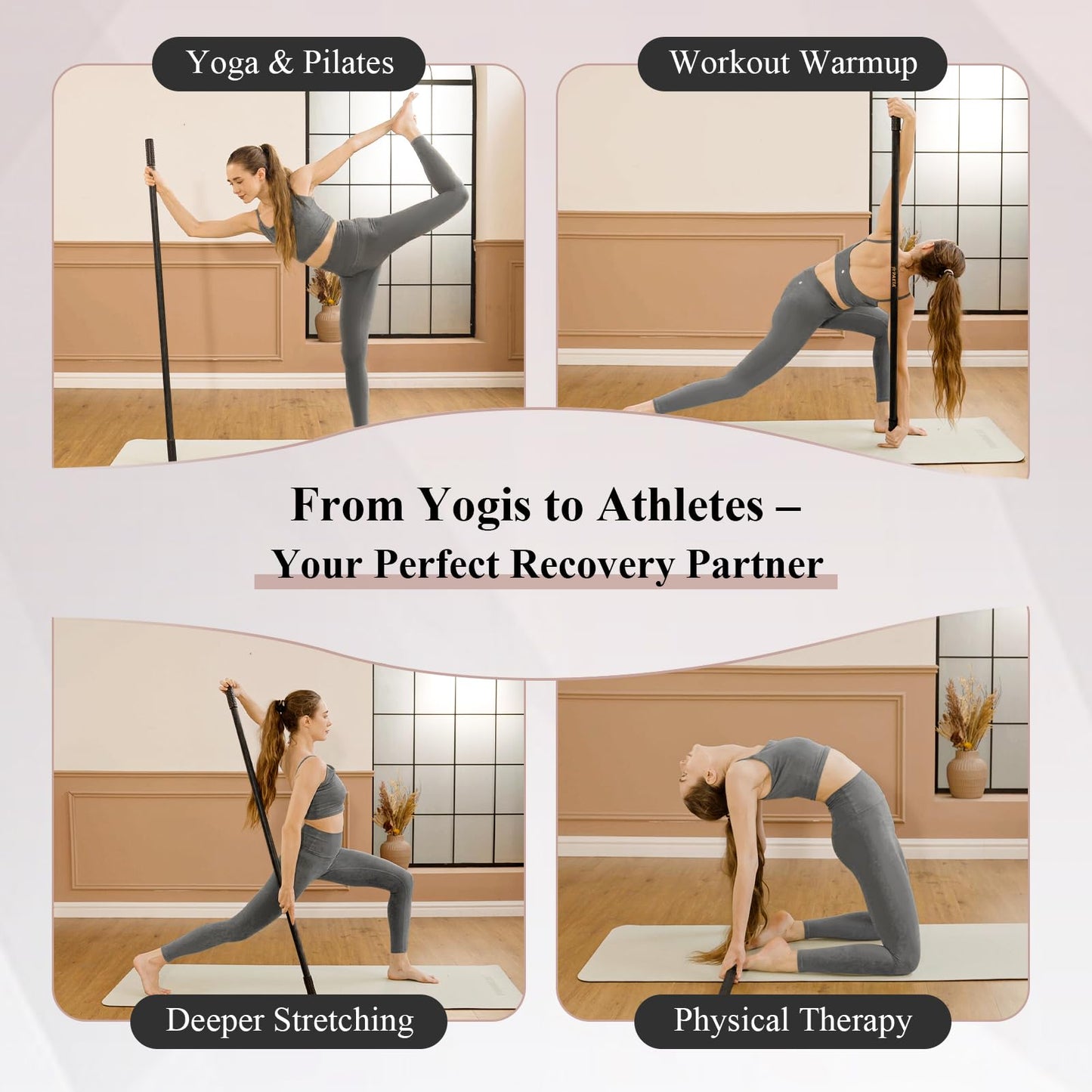 PAETA Yoga Stick for Stretching, 5ft Exercise Stick for Mobility & Flexibility, Bamboo Stretch Bar and Posture Pole with Non-Slip Grip - Includes Free Video Guide, Black
