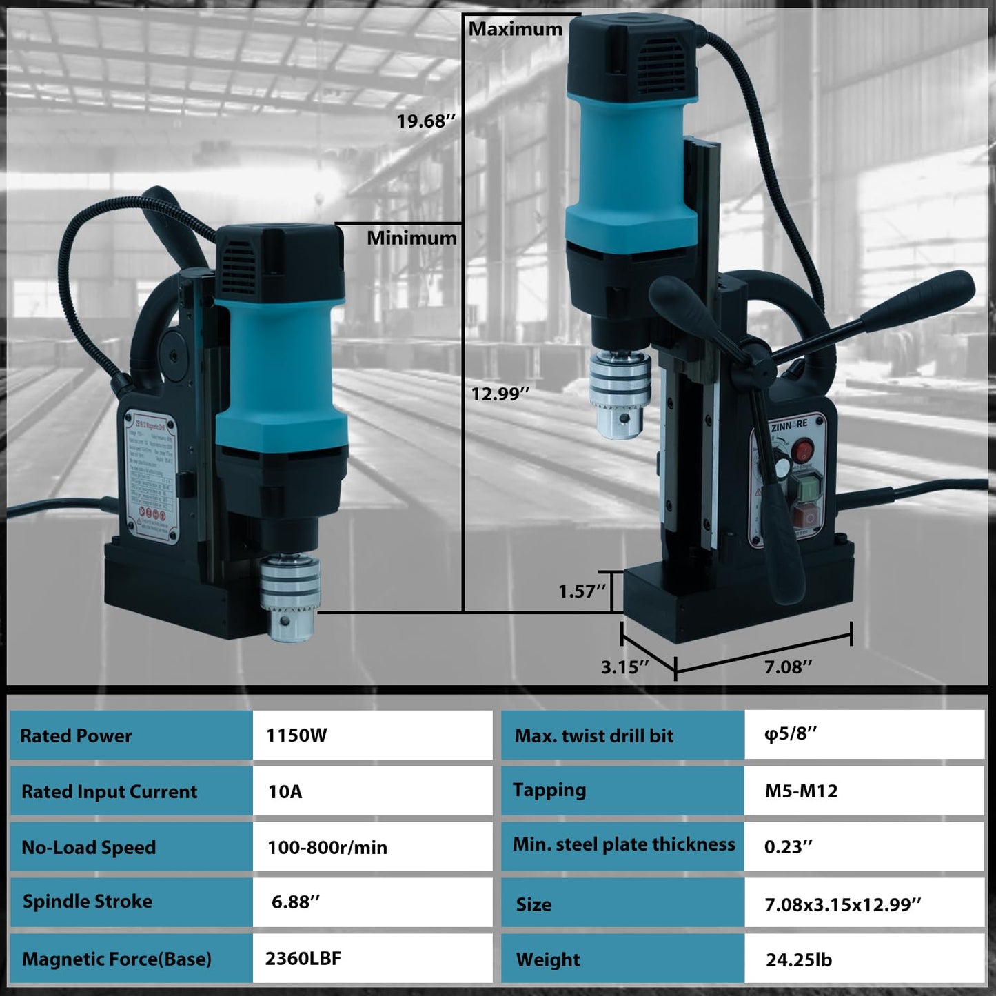 Zinnore Mag Drill Press, 1150W Magnetic Drill Press, 2360lbf /10500N Mag Force, Portable Electric magnet press machine for Metal Surface