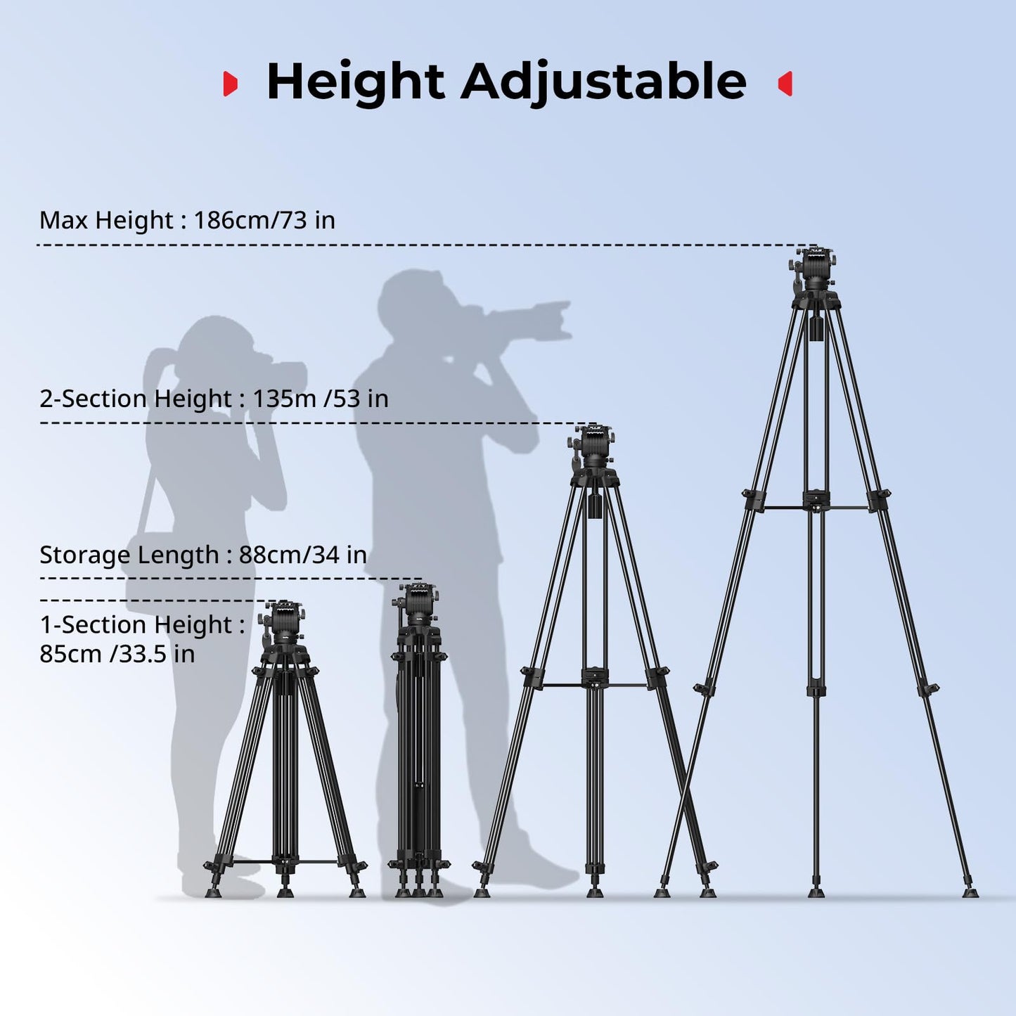 SMALLRIG 73''/186cm Heavy Duty Aluminum Alloy Video Tripod, Max Load 8kg (18lbs), Fluid Head with +85° to -78 Tilt Range, Compact Travel Tripod Weight 3.1kg(6.8lbs), Folded Height 88cm, AD-14-5440