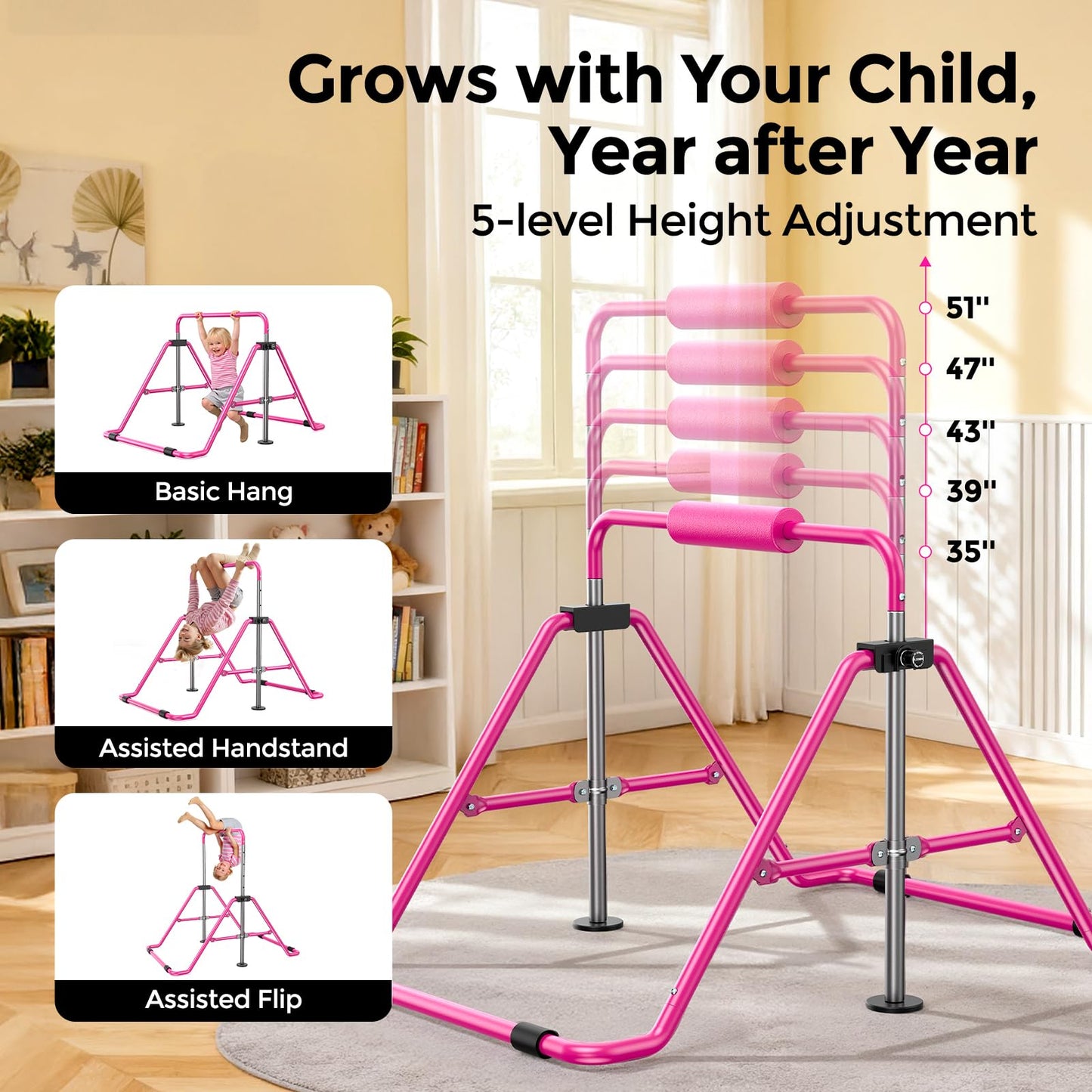 Sportsroyals Gymnastics Bar for Kids,Adjustable Height Gymnastic Horizontal Bars,Folding Gymnastic Junior Training Kip Bar for Home, Pink (Pink)