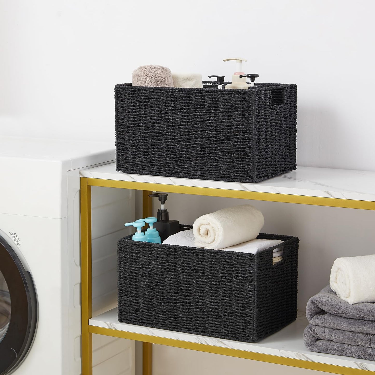 Vagusicc Wicker Storage Basket, Set of 2 Hand-Woven Paper Rope Wicker Basket, Small Storage Baskets for Organizing Toilet Paper Baskets, Foldable Large Cube Storage Organizer Bin for Shelves (Black)