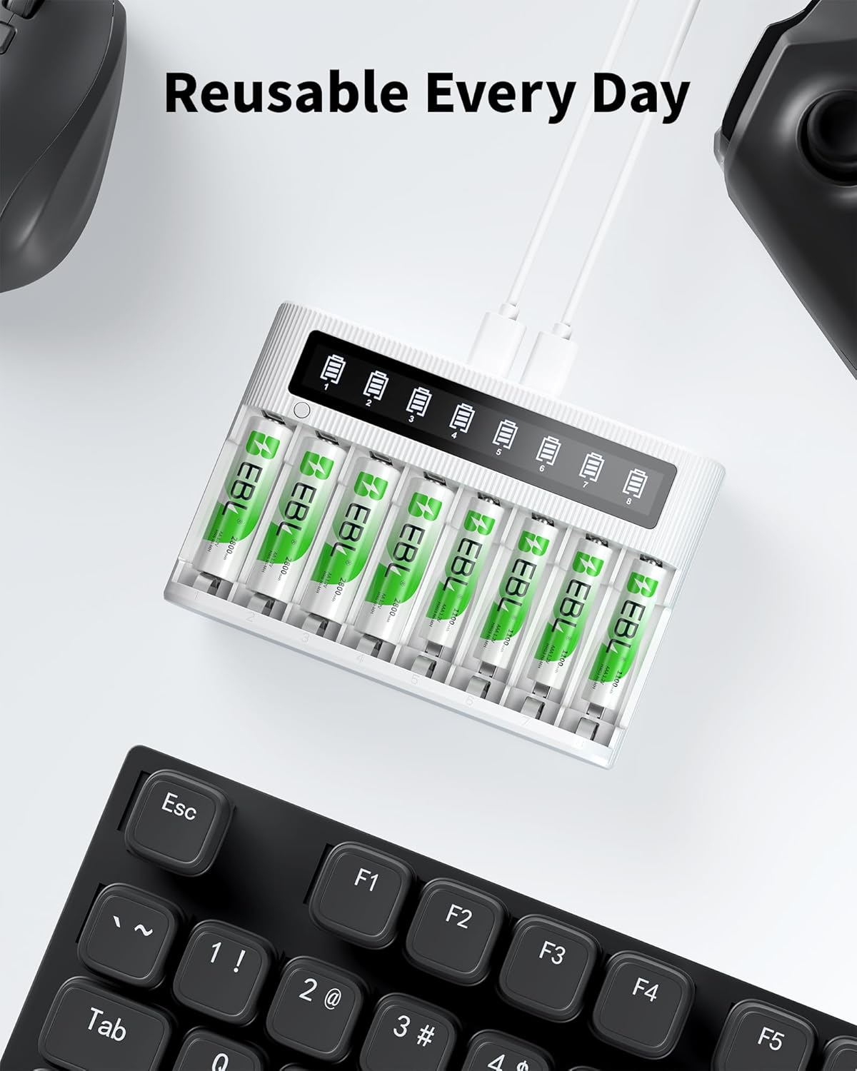 EBL 8 4 2800mAh 4 1100mAh Bay Battery Charger with LCD Screen, Fast Charging for AA AAA Batteries, Includes AA and AAA