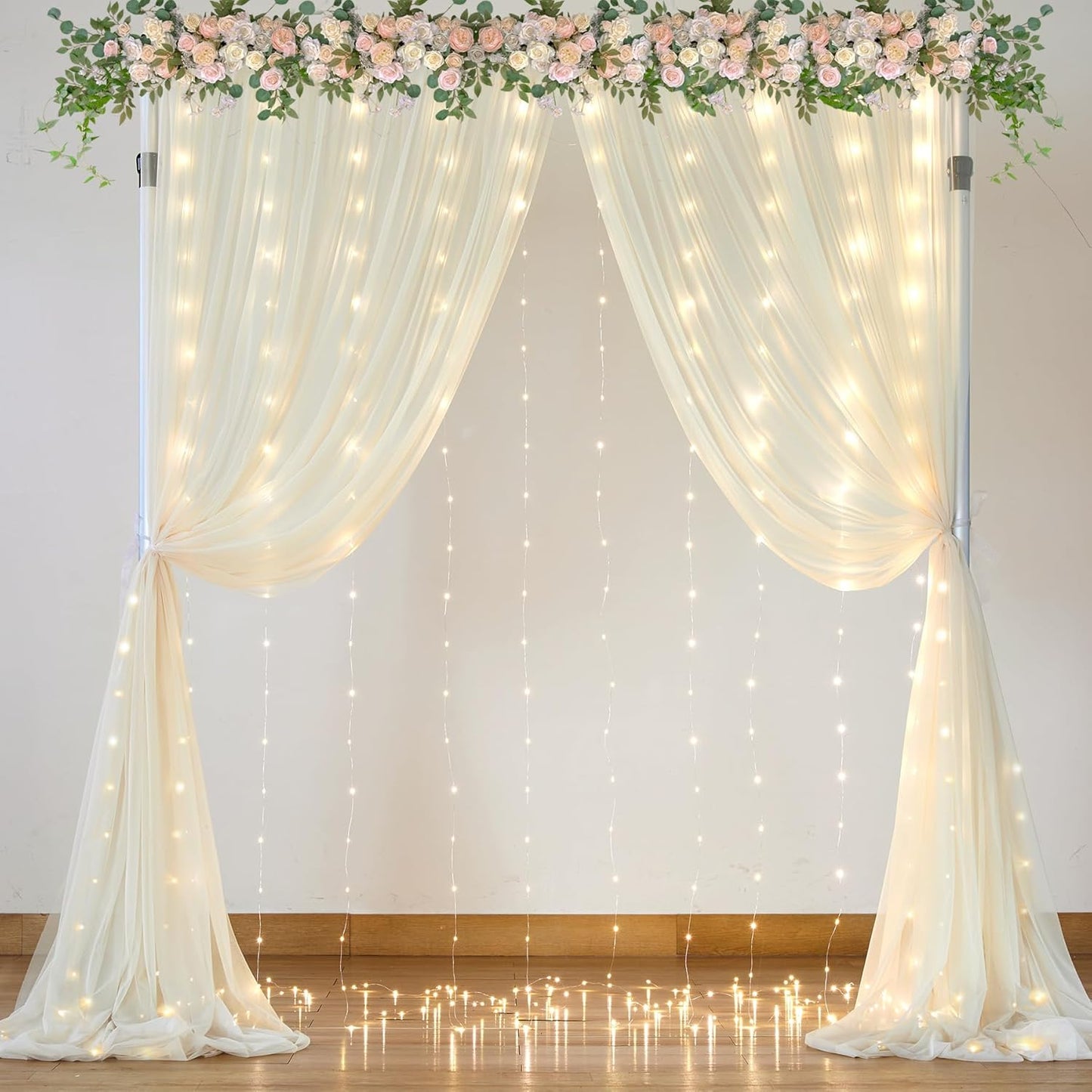 Suppromo 10ft 10ft x Ivory Tulle Photo Backdrop Curtain with Lights String for Parties Wedding Sheer Ivory Curtain