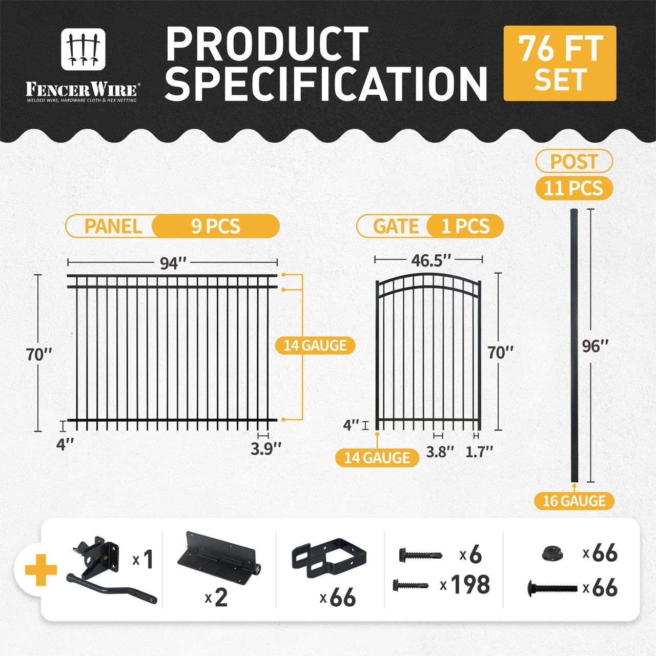 Fencer Wire 76FT Heavy Duty Flat Top Fence Barrier Kit, Anti-Rust Metal Steel Fence with 6FT Height X 8FT Width Panels, with Arched Gate, Posts, Connectors, Outdoor Fencing for Yard