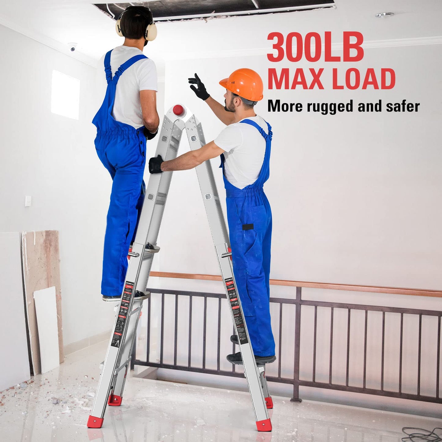 ECOMAX Folding Ladder, 13 ft Aluminum Extension Ladder, 300 lbs Load Capacity, Portable Telescoping Ladder with Non-Slip Rubber, Multi-Position Step Ladders, for Working Indoor/Outdoor EM4X3L2