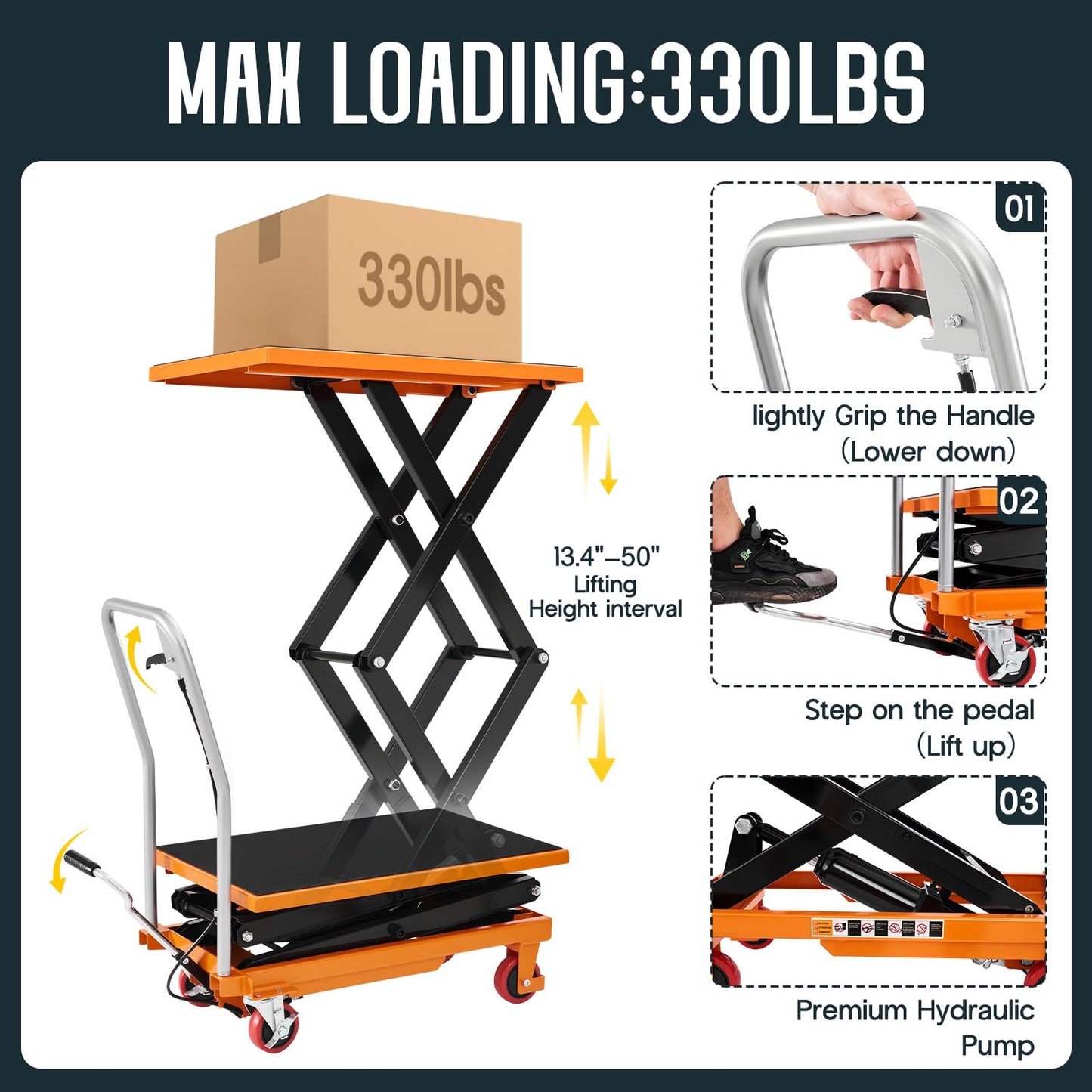 Specraft 330 lbs Hydraulic Lift Cart, Double Scissor Lift Table Up to 50", 4-Wheel Material Handling Platform with Non-Slip Pad, Orange