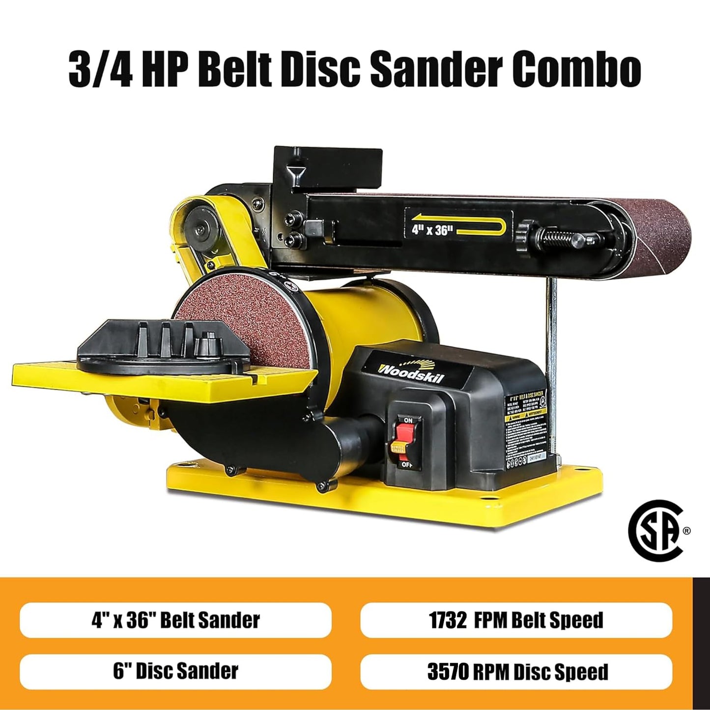Woodskil 4.3A Belt Sander, 4 x 36 in. Belt & 6 in. Disc Sander, Double Dust Exhaust Port, Steel Base, 2Pcs Sandpapers Included