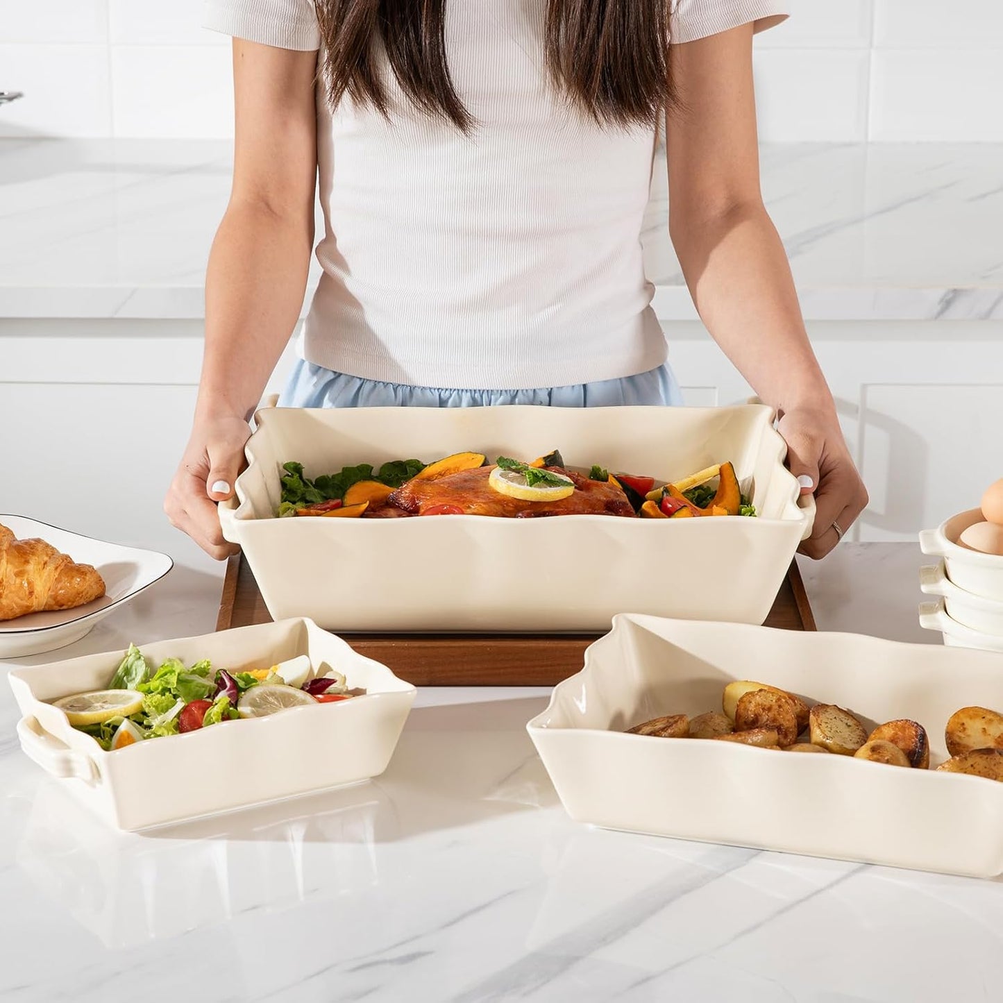 Sweejar Casserole Dishes - Ceramic 9x13 Baking Dish with Handles | Large Rectangular Lasagna Pan (Beige)